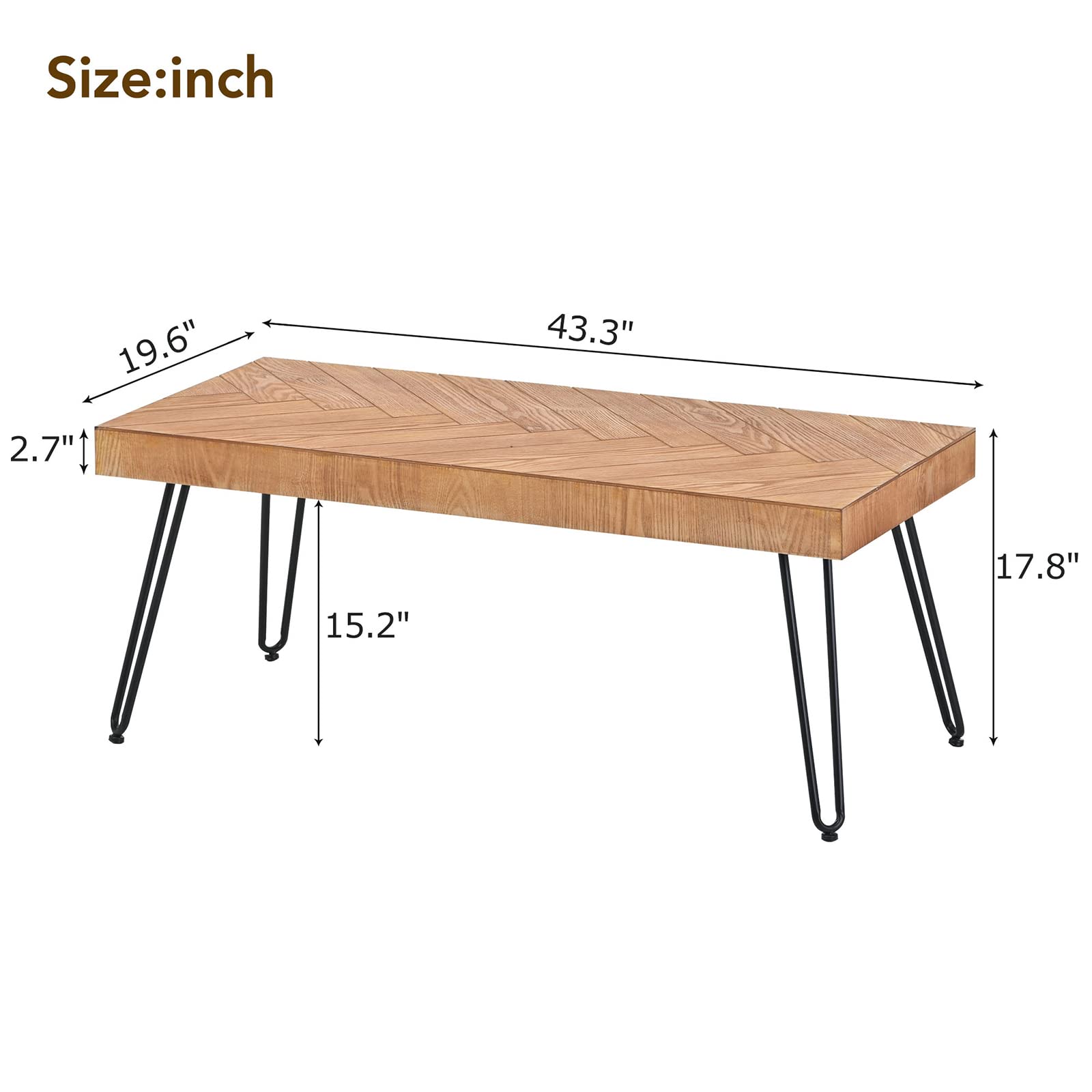 Modern Coffee Table for Living Room - Chevron Pattern, Metal Hairpin Legs, Thick Old Elm Wood Finish - Rustic Rough Wood Grain Surface, Easy Assembly - Perfect for Lounge, Living Room, and Home Decor