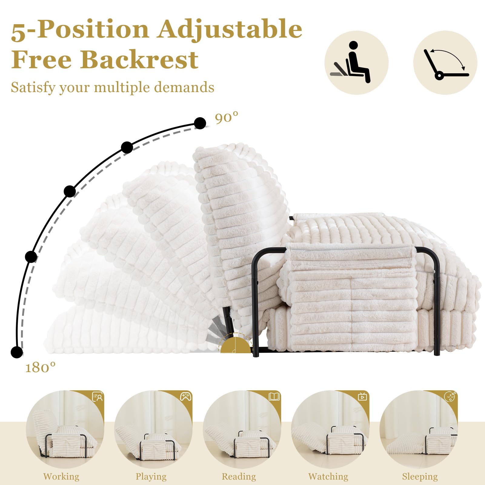 MAXYOYO Adjustable Lazy Floor Sofa - 5-Position Foldable Sleeper Chair with Armrests, Beige | Comfortable Floor Seating for Living Room, Bedroom & Small Spaces