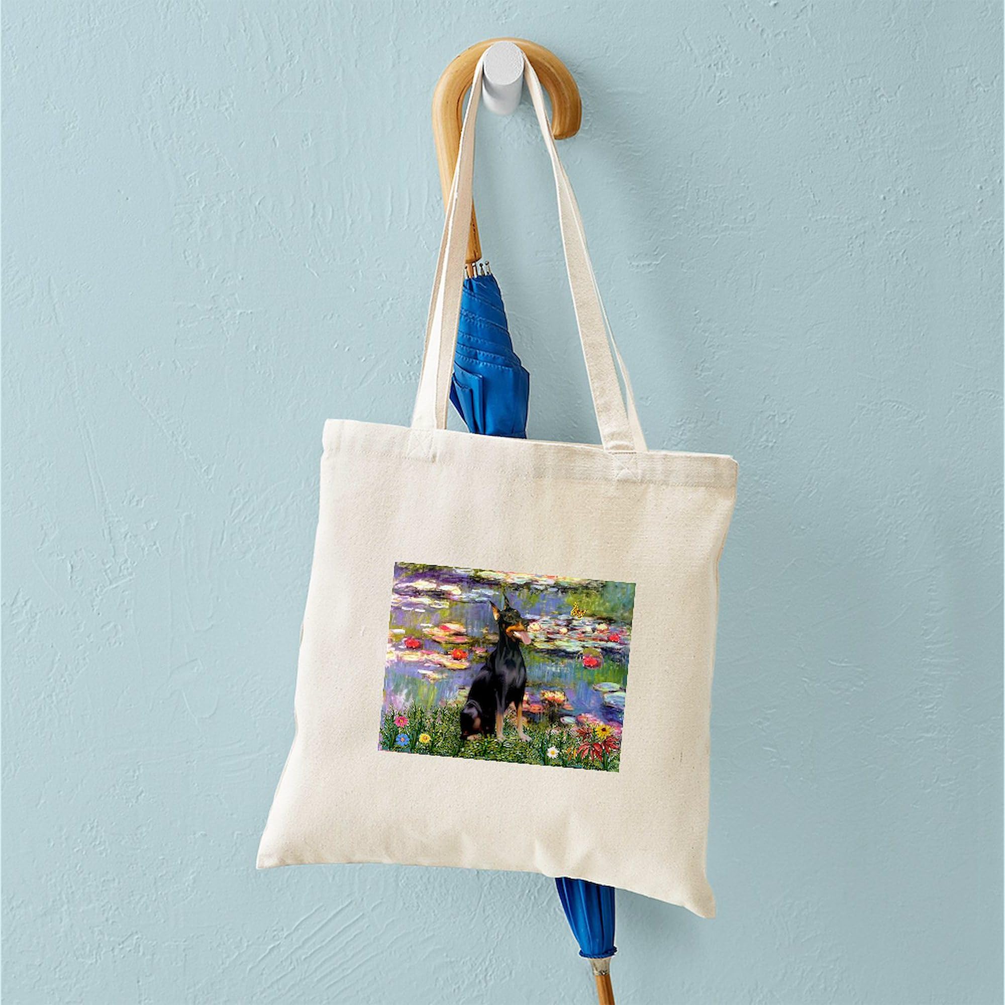 Lilies By Monet & Doberman Canvas Tote Bag - Eco-Friendly Reusable Shopping Bag for Groceries, Beach, Work & Daily Use