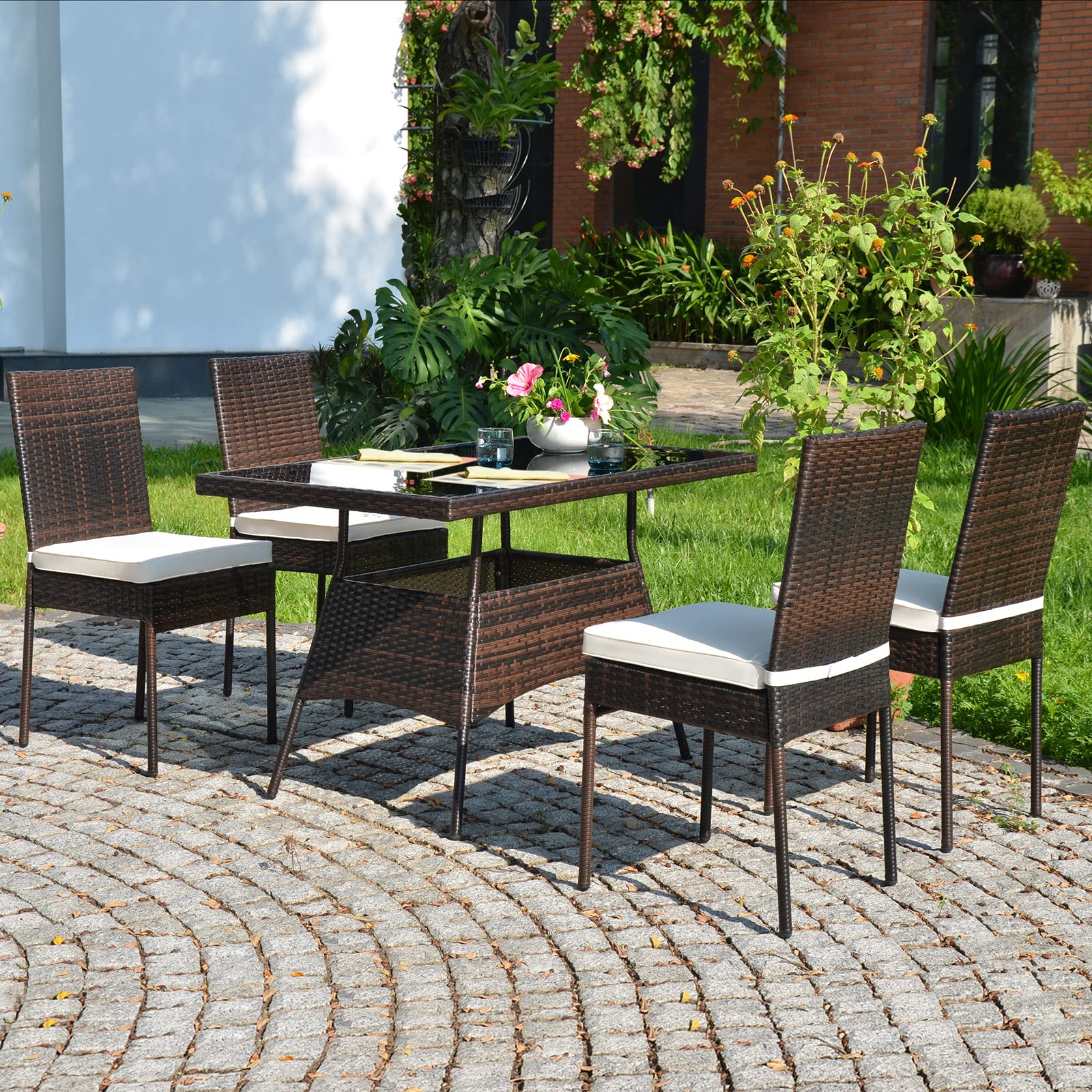 5-Piece Brown Patio Wicker Dining Set - Outdoor Rattan Table & Chairs with Tempered Glass Top & Cushions - Perfect for Backyard, Balcony, Garden & Poolside Dining