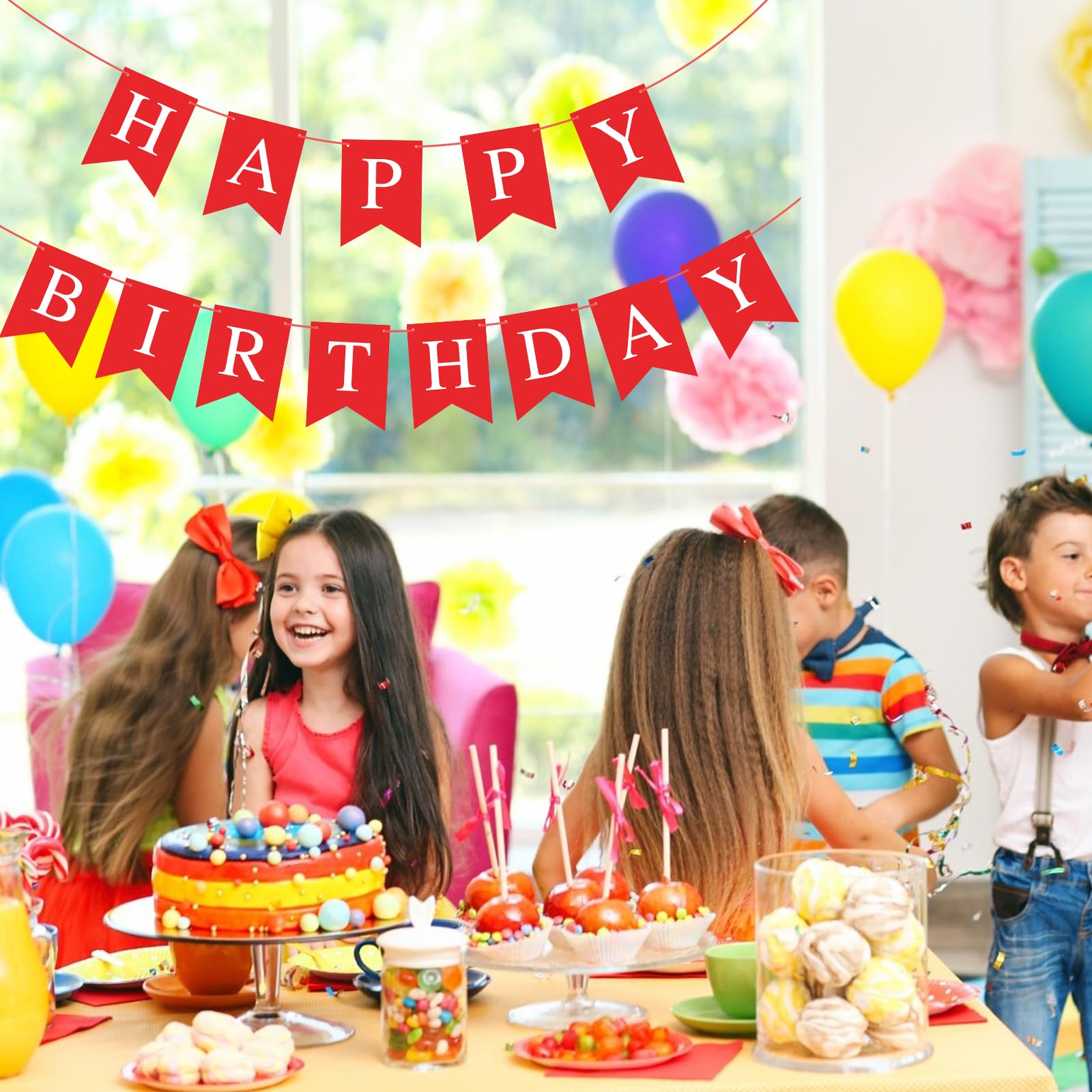 Happy Birthday Banner - Red Birthday Bunting Garland for Kids, Girls & Women | Perfect for Birthday Parties, Tea Parties & Home Decorations | Durable Party Supplies for Indoor & Outdoor Celebrations