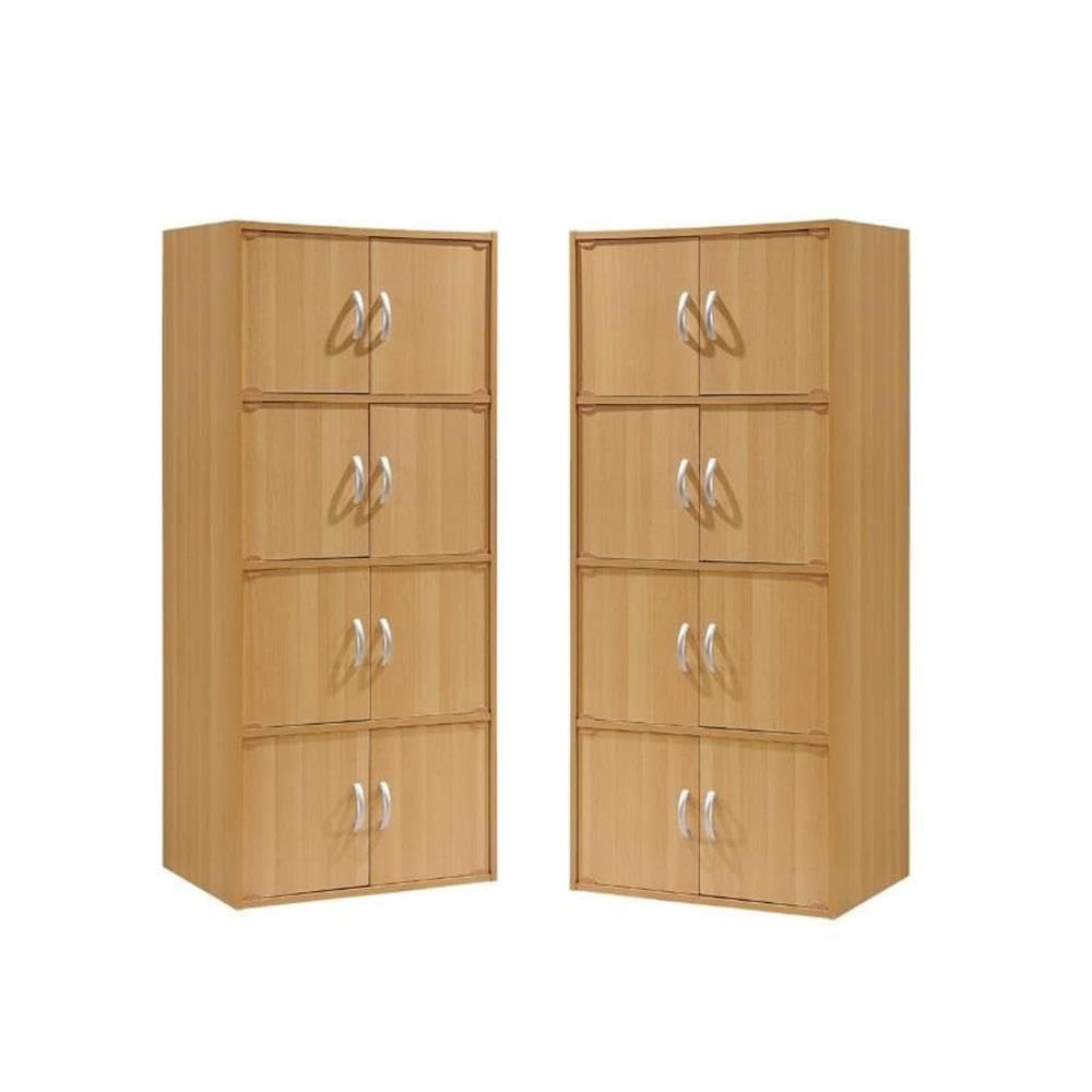 Home Square 4-Shelf 8-Door Wood Bookcase Cabinet Set in Beige (Set of 2) - Perfect for Living Room, Office & Bedroom Storage & Organization