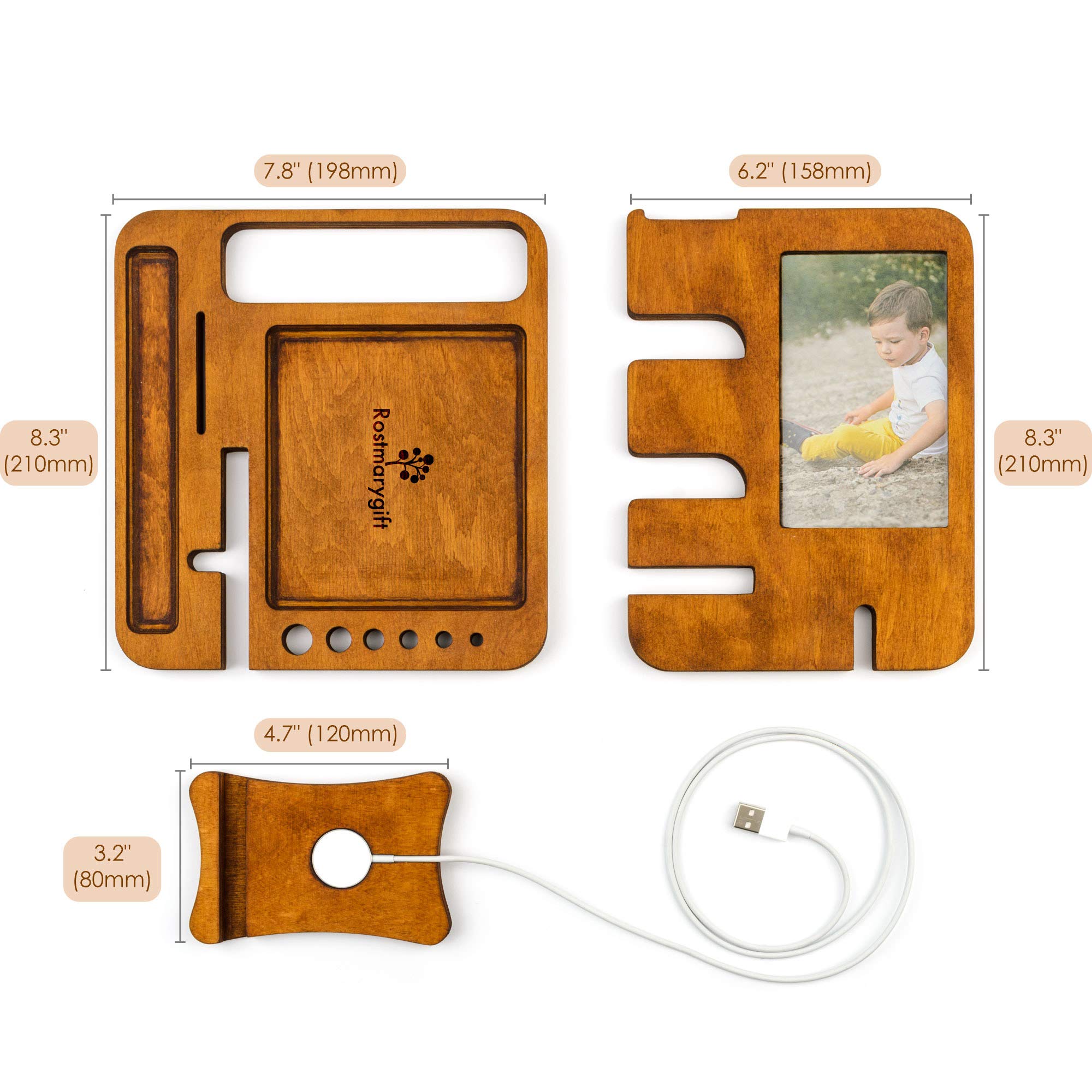 Wooden Phone Docking Station - Nightstand Organizer for Men with Phone, Tablet & Watch Holder - Wallet Stand - Perfect Anniversary Gift for Husband from Wife - Ideal for Bedside Organization & Tech Accessories Storage
