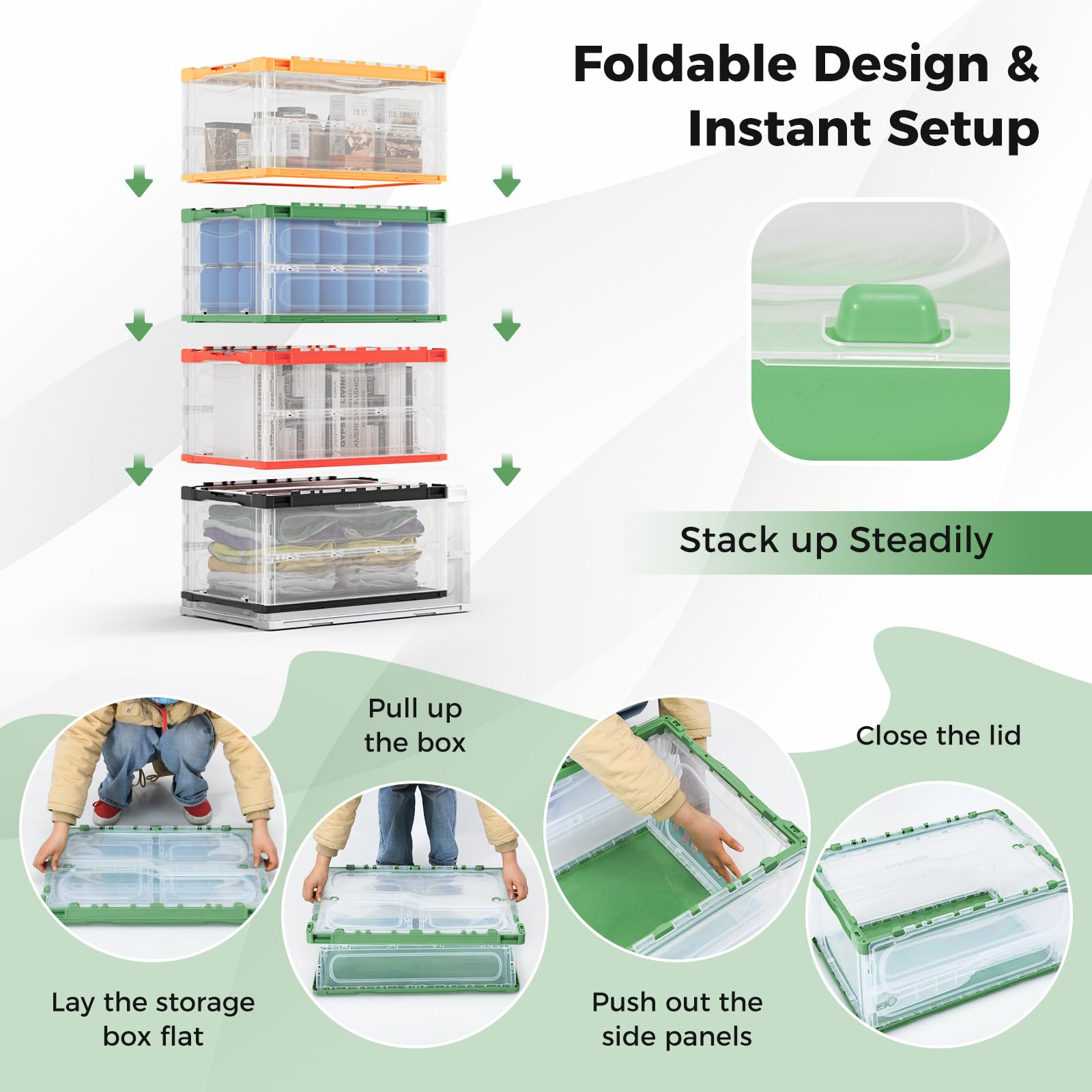 DORTALA 4-Pack 48 Gallon Clear Collapsible Storage Bins with Lids - Stackable Plastic Containers with Interlock Security Latches - Foldable Utility Crates for Bedroom, Dorm, Garage Organization (Perfect for Seasonal Clothes, Toys & Home Storage)