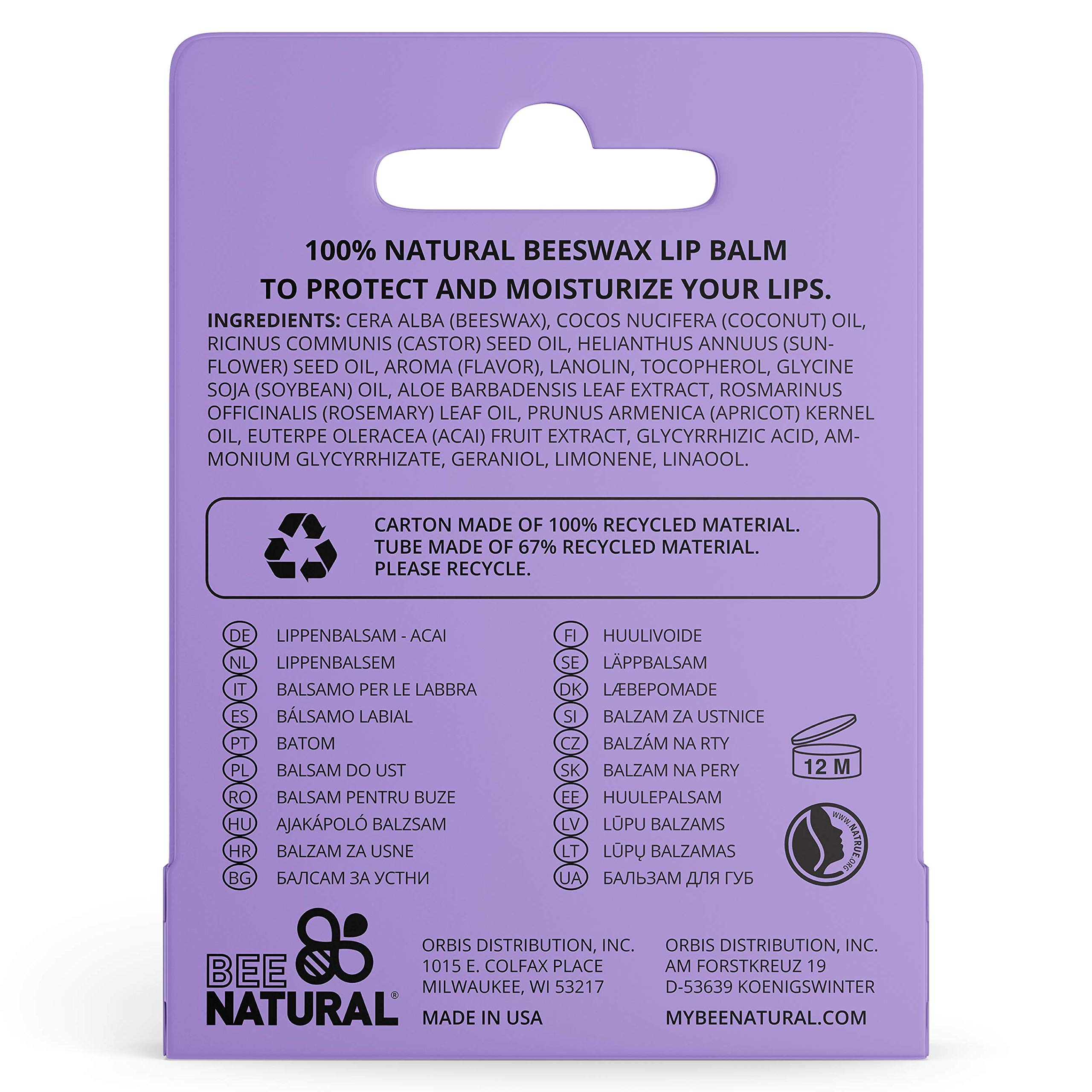 Bee Natural Lip Balm with Acai Berry - 4.2g, Moisturizing & Nourishing Lip Care for Dry, Chapped Lips - Perfect for Winter, Outdoor Activities & Daily Hydration