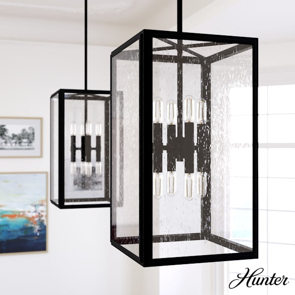 Hunter Felippe 8-Light Pendant Chandelier in Natural Iron with Clear Seeded Glass - Perfect for Dining Room, Kitchen Island, or Entryway Lighting