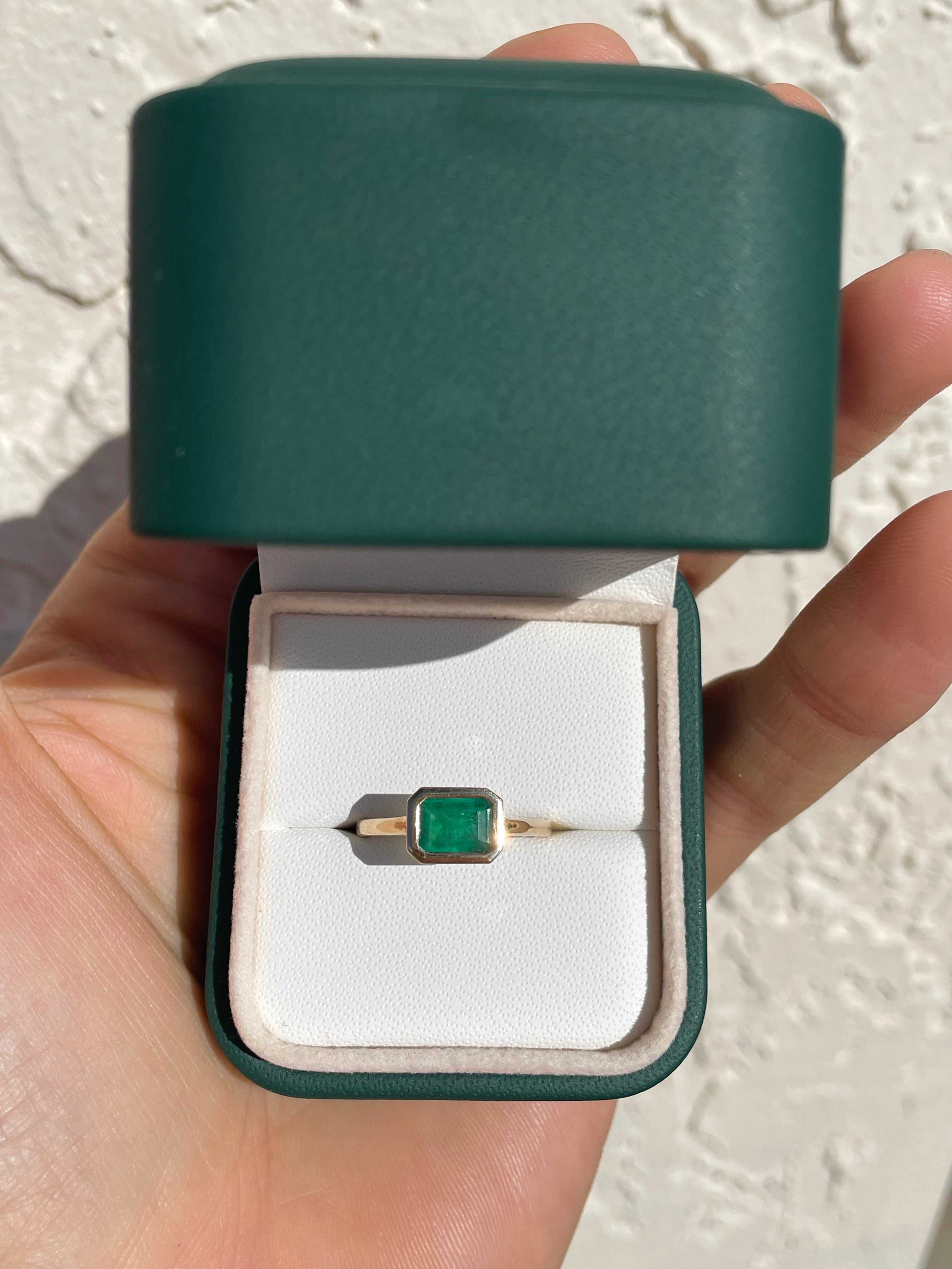 1.0 Carat Bezel East to West Dark Green Emerald Cut Solitaire Ring in 14K Gold – Elegant Minimalist Jewelry for Engagement, Wedding & Everyday Wear