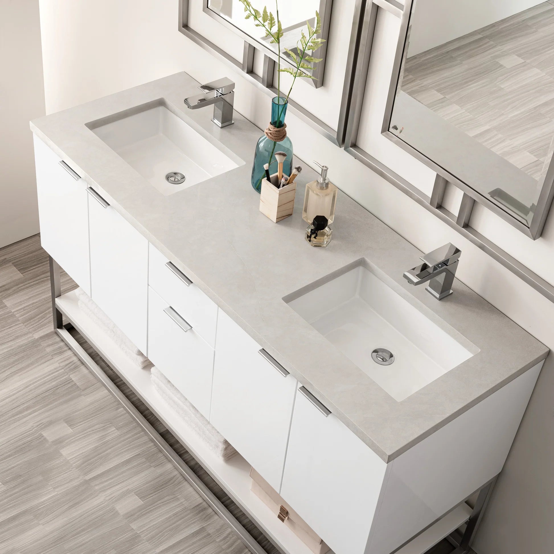 Brenlyn 60 Inch Glossy White Bathroom Vanity with Sink - Modern Double Storage Cabinet for Bathroom Remodel & Home Decor