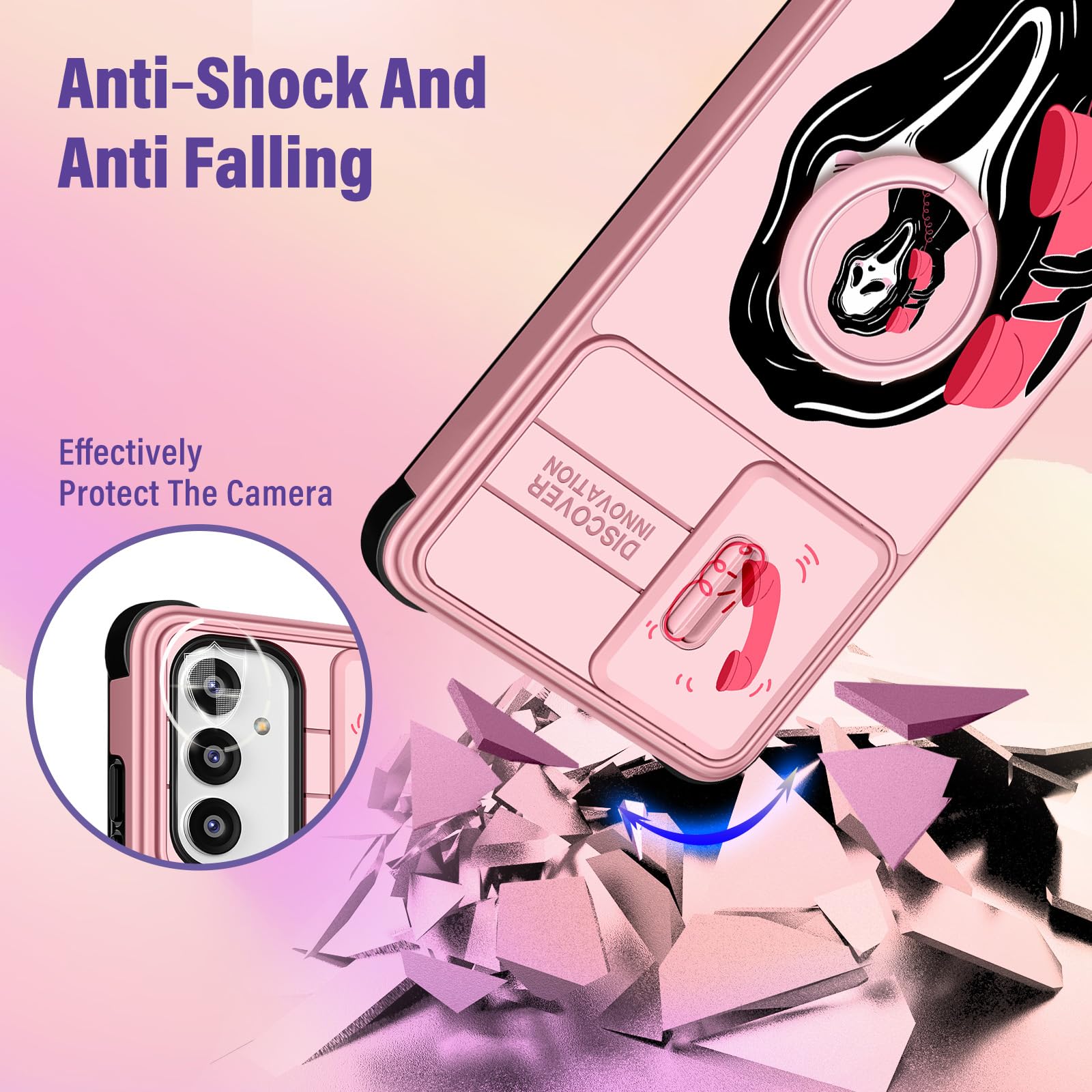 Samsung Galaxy A54 5G Case with Camera Cover & Ring Holder - Cute Girly Cartoon Shockproof Hard Phone Case for Women (6.4