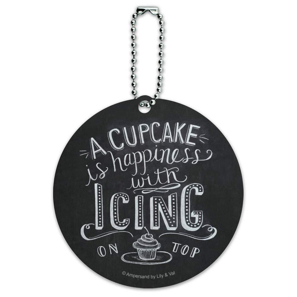 Round Luggage ID Tag Card for Suitcase & Carry-On - Cute Cupcake Design with 'Happiness with Icing' Quote | Perfect for Travel Identification, Gift for Women & Kids