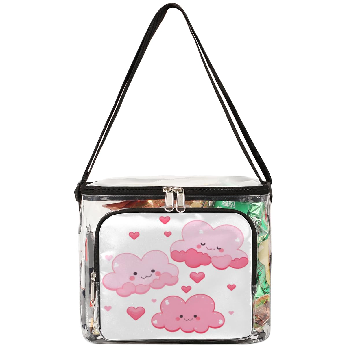 GzLeyigou Cute Pink Clouds Clear Tote Bag with Handles - Transparent Crossbody Shoulder Bag for Lunch, Outdoor, Travel, Picnic - Perfect for Concerts, Sports Events & Stadium Approved (Stadium-Friendly Clear Purse for Women & Girls)