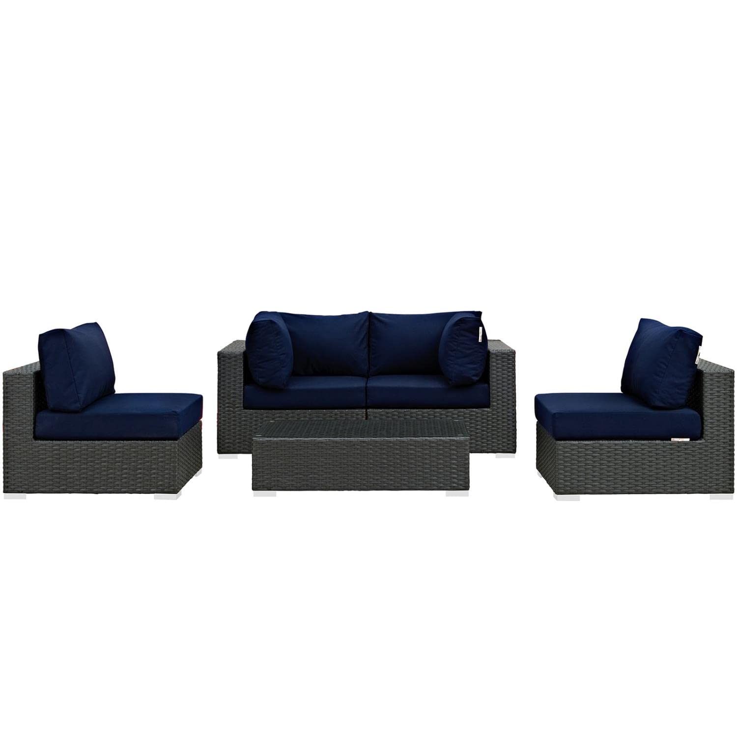 Modway Sojourn 5-Piece Outdoor Wicker Rattan Patio Sectional Set with Sunbrella Navy Canvas Cushions - Perfect for Backyard, Poolside & Garden Relaxation