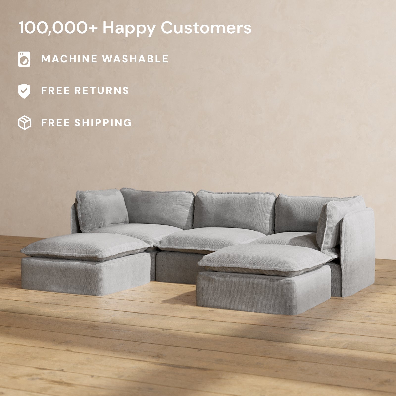 Modular Performance 3-Seater U-Shaped Sectional Sofa in Ash Gray - Modern L-Shaped Living Room Furniture for Small Spaces | Perfect for Apartments, Condos and Family Rooms