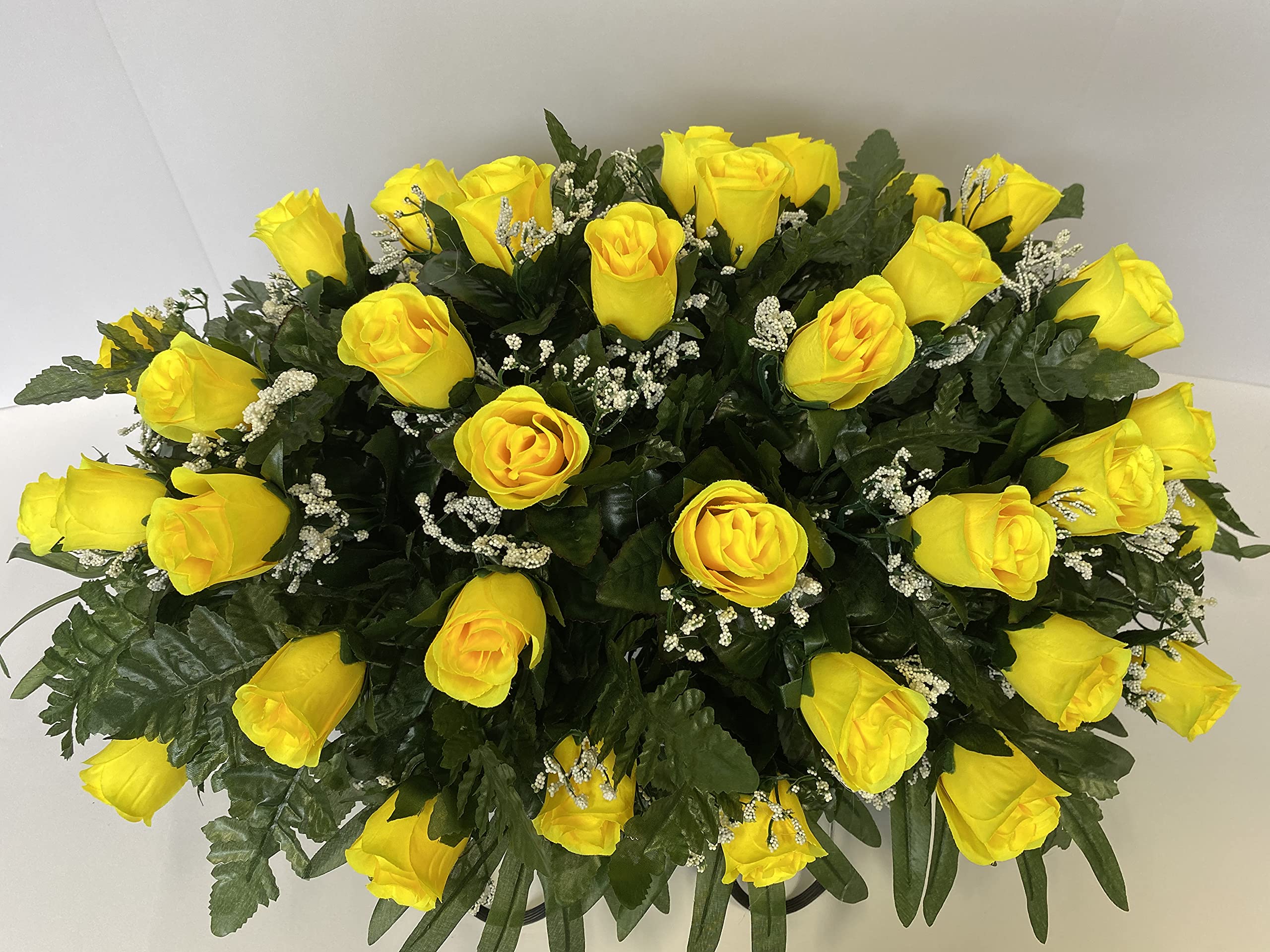 Yellow Rose and Baby's Breath Flower Arrangement for Cemetery Headstones - Memorial Wreath for Graveside Decorations and Funeral Tributes