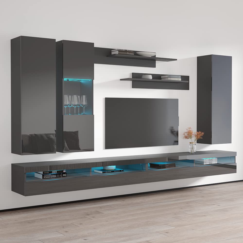 Modern Wall-Mounted TV Stand with Storage & LED Lights - Meble Fly E35 Entertainment Center for Living Room & Bedroom - Space-Saving Console with Shelves (EF5, Gray) - Perfect for Small Apartments & Home Theater Setups