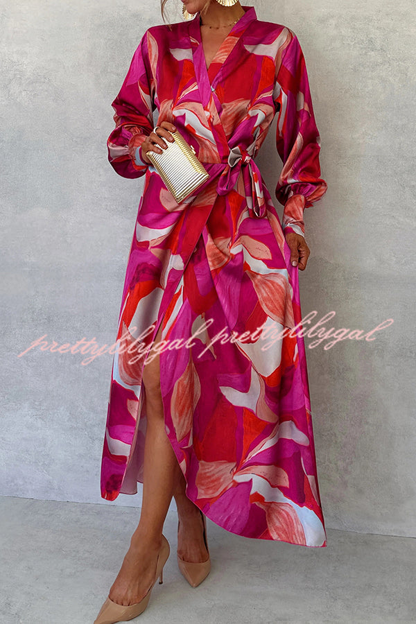 Stylish Printed Long Sleeve V-Neck Tie-Waist Slit Maxi Dress for Women | Boho Chic Flowy Summer Beach Dress | Perfect for Vacations, Parties & Date Nights