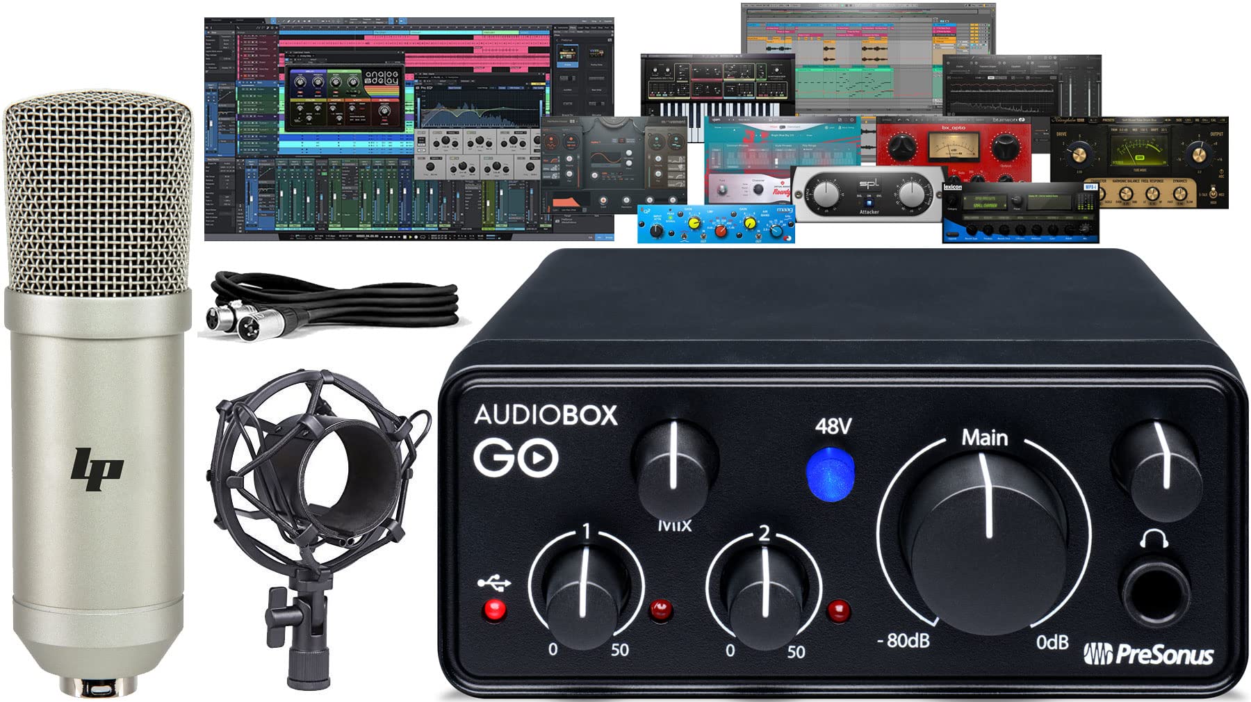 PreSonus AudioBox GO USB-C Audio Interface for Music Recording & Production - Includes Studio One Prime DAW Software, Virtual Instruments & LyxPro Condenser Mic - Perfect for Home Studios, Podcasting & Live Streaming