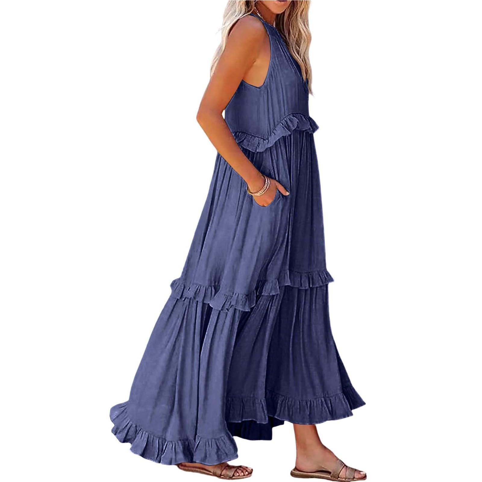 Women's Summer Casual Sleeveless Halter Neck Tiered Beach Dress - Flowy Swing Maxi Dress with Pockets for Beach Vacation, Pool Party & Outdoor Date