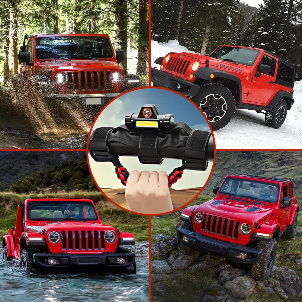 Premium Paracord Grab Handles with 2-Mode LED Lights for Jeep Wrangler TJ, CJ, YJ, JK, JL & Gladiator JT (1945-2021) - Durable Off-Road Accessories for 2.0-4.0 Inch Roll Bars - Red (1-Pack) - Perfect for Night Off-Roading & Camping Adventures