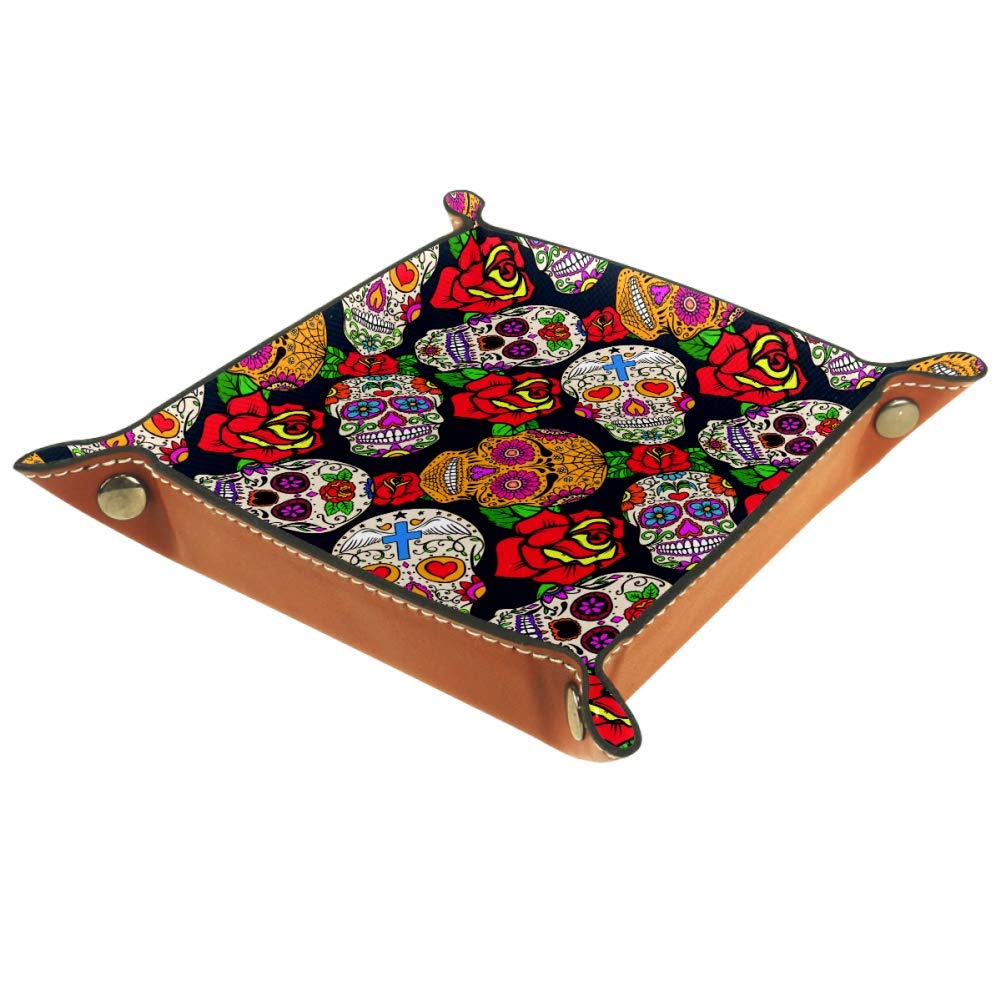 AISSO Leather Valet Tray with Mexican Sugar Skull & Rose Design - Jewelry Organizer for Watches, Keys, Coins, Wallets & Phones | Perfect for Bedroom Dresser, Office Desk & Entryway Organization