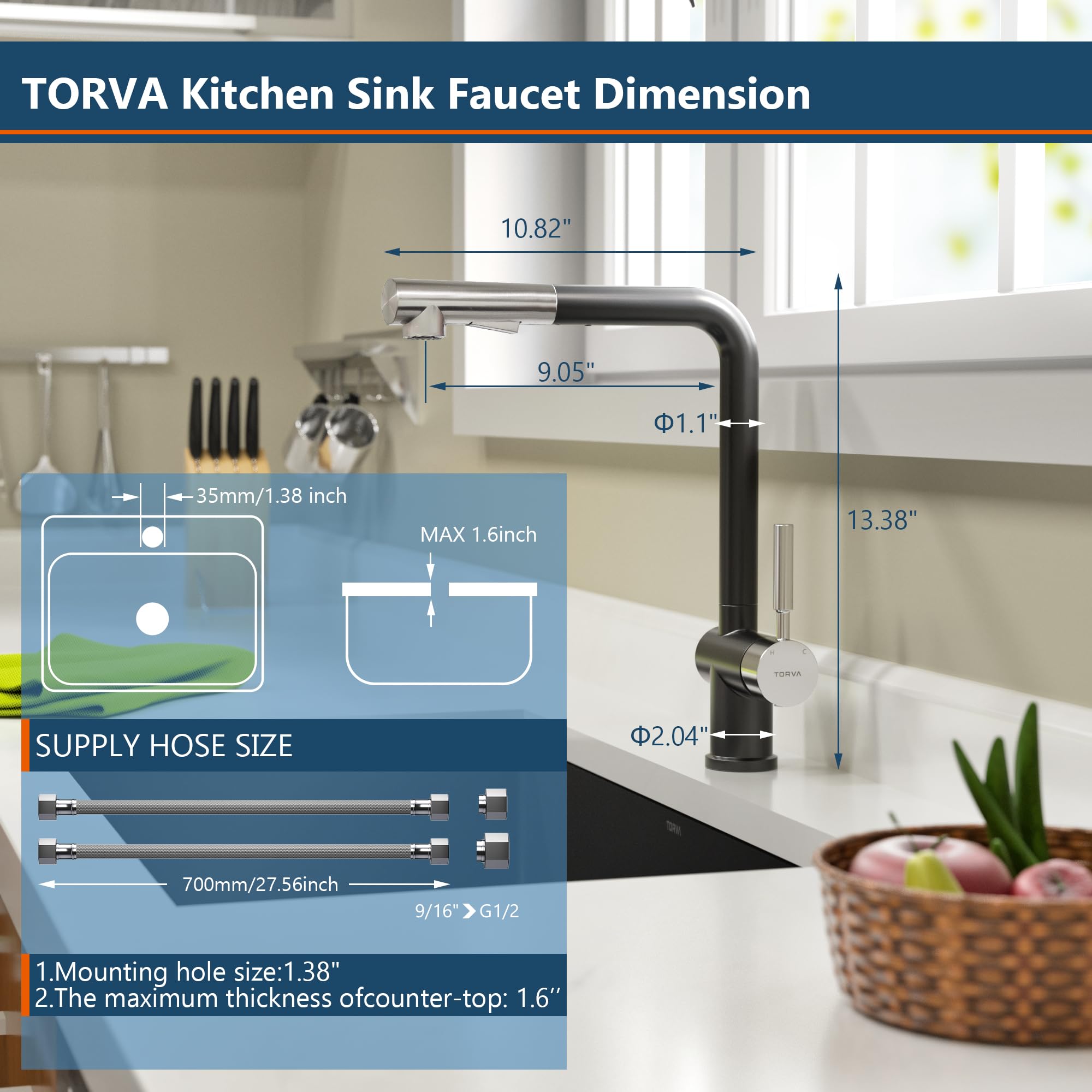 TORVA Stainless Steel Pull Down Kitchen Faucet with Pull Out Sprayer - Single Handle Deck Plate in Matte Black & Chrome | Modern Sink Faucet for Home & Commercial Kitchens