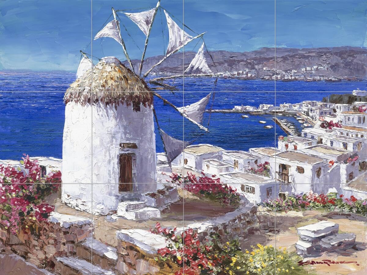 Ceramic Backsplash Tile Mural - Water View Landscape Design for Kitchen, Bathroom & Shower - Mykonos Collection by Sam Park/Soho Editions - Perfect for Coastal, Modern & Mediterranean Home Decor