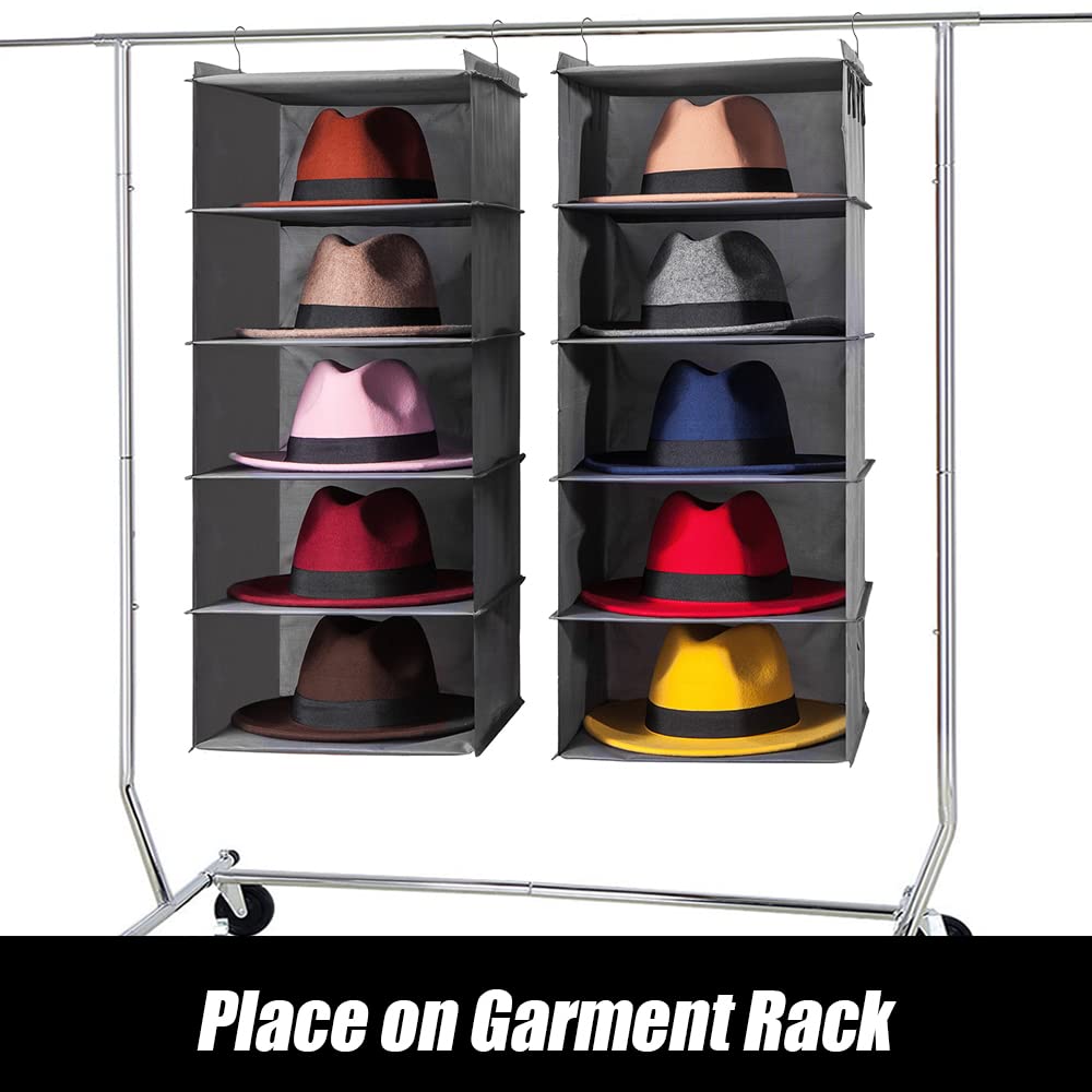 LADYBRO 10-Shelf Oxford Cloth Hat Organizer for Closet - Hanging Fedora & Sunglass Storage Rack with 2 Separate 5-Tier Sections - Perfect for Bedroom, Walk-in Closet, or Boutique Display