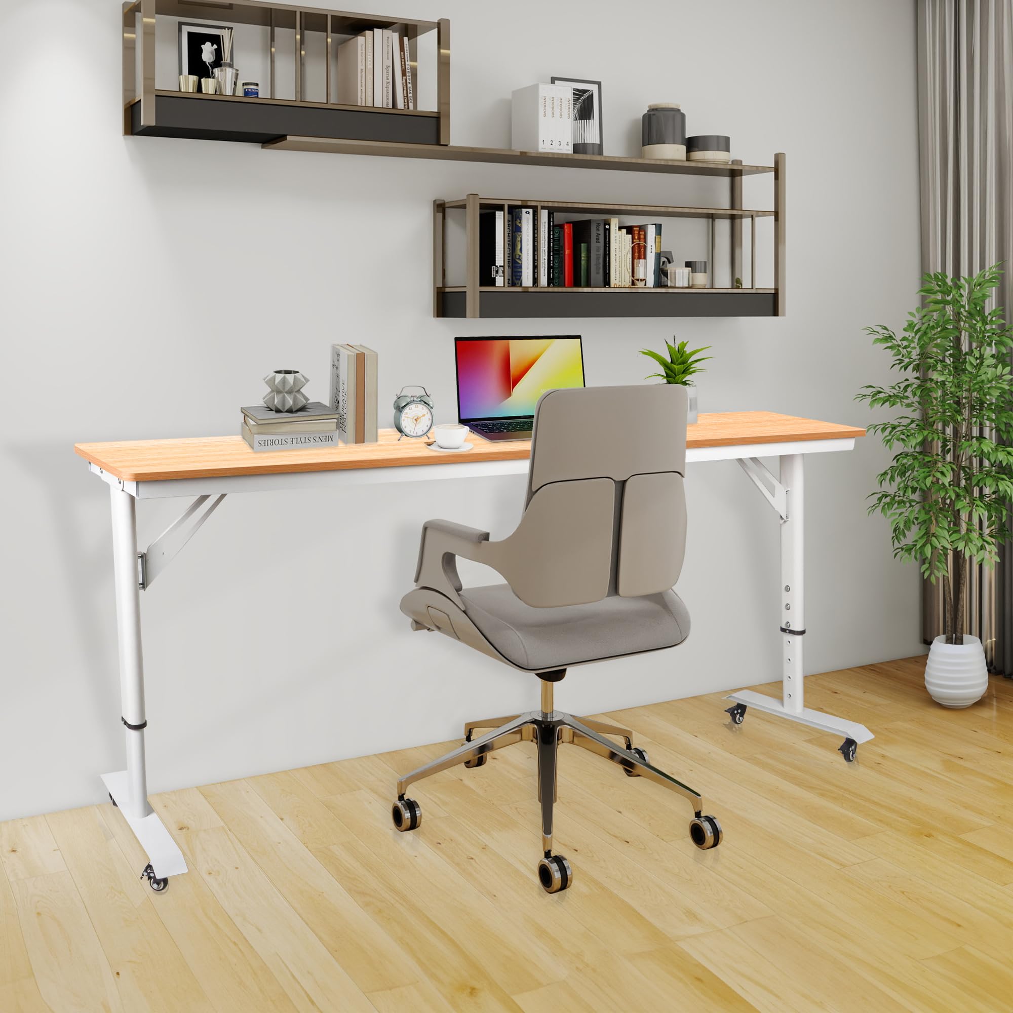 360° Rolling Over Bed Office Desk - Large Adjustable Height Double Movable Cross Bed Workstation with Heavy Duty Metal Legs & 210cm Thickened Desktop | Perfect for Home Office, Dorm Room, or Small Space Workstation