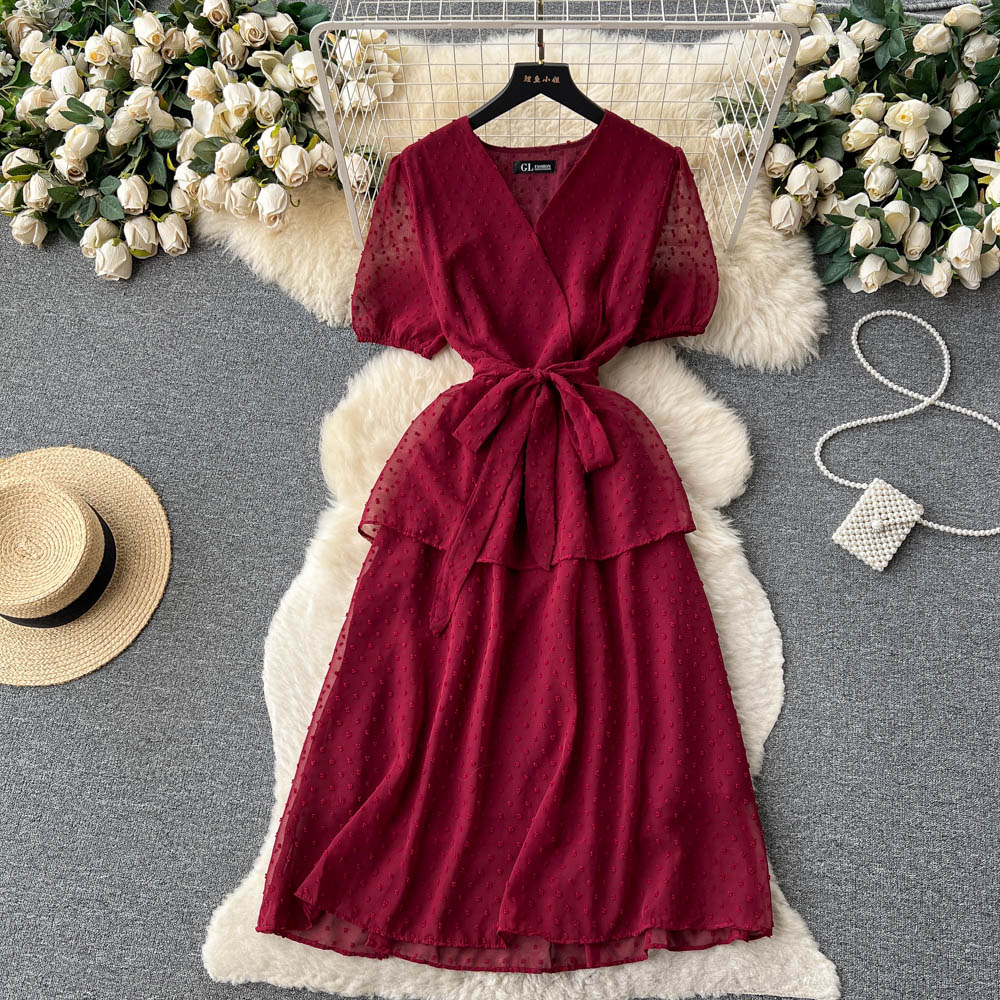 French V-Neck Puff Sleeve Summer Dress - Sweet Flowy Skirt for Women | Perfect for Beach Vacations, Date Nights & Outdoor Parties