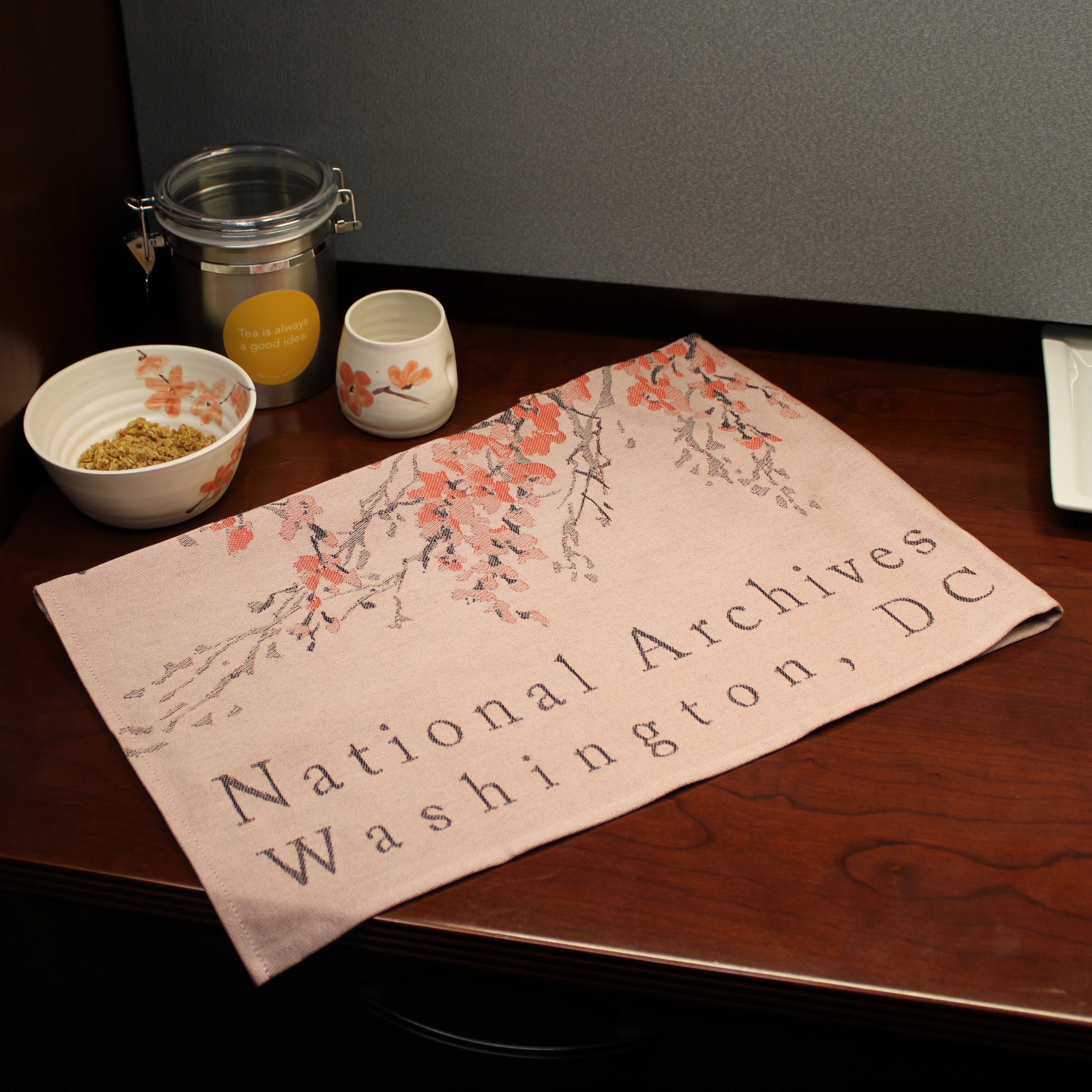 Premium Loomed National Archives Cherry Blossom Tea Towel - Vintage Inspired Kitchen Towel for Dish Drying, Decor & Gift Giving