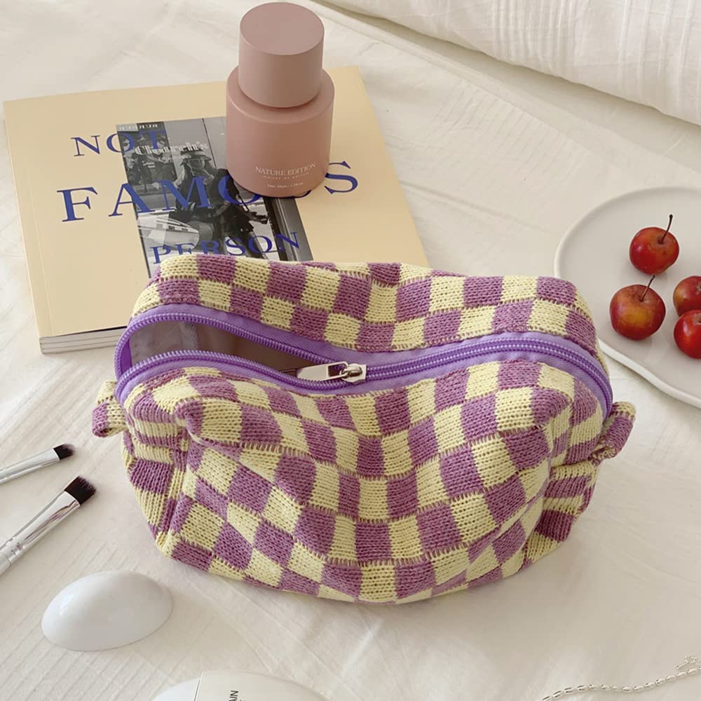 2 Pcs Small Checkered Makeup Bag Set - Mini Cosmetic Pouch & Brush Organizer for Purse, Travel Essentials | Cute Aesthetic Accessories Storage for Women | Perfect for Daily Use, Traveling & Gift Giving