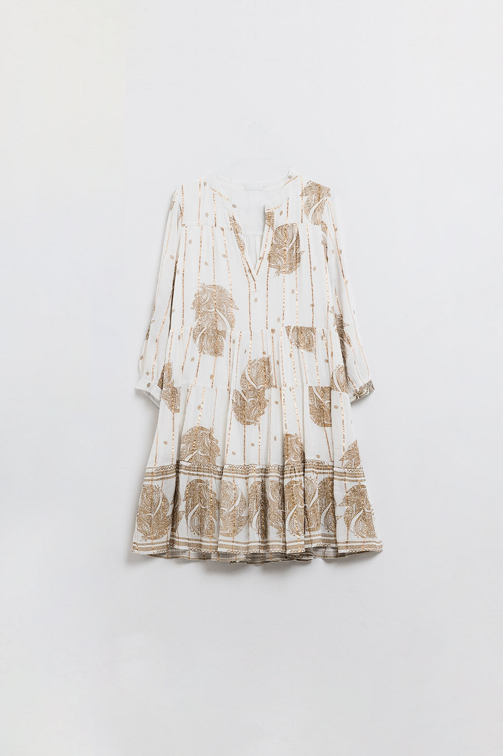 Bohemian Long Sleeve Robe with Leaf Print and Lurex Details in White - Perfect for Yoga, Beach Cover-Up, and Relaxing at Home