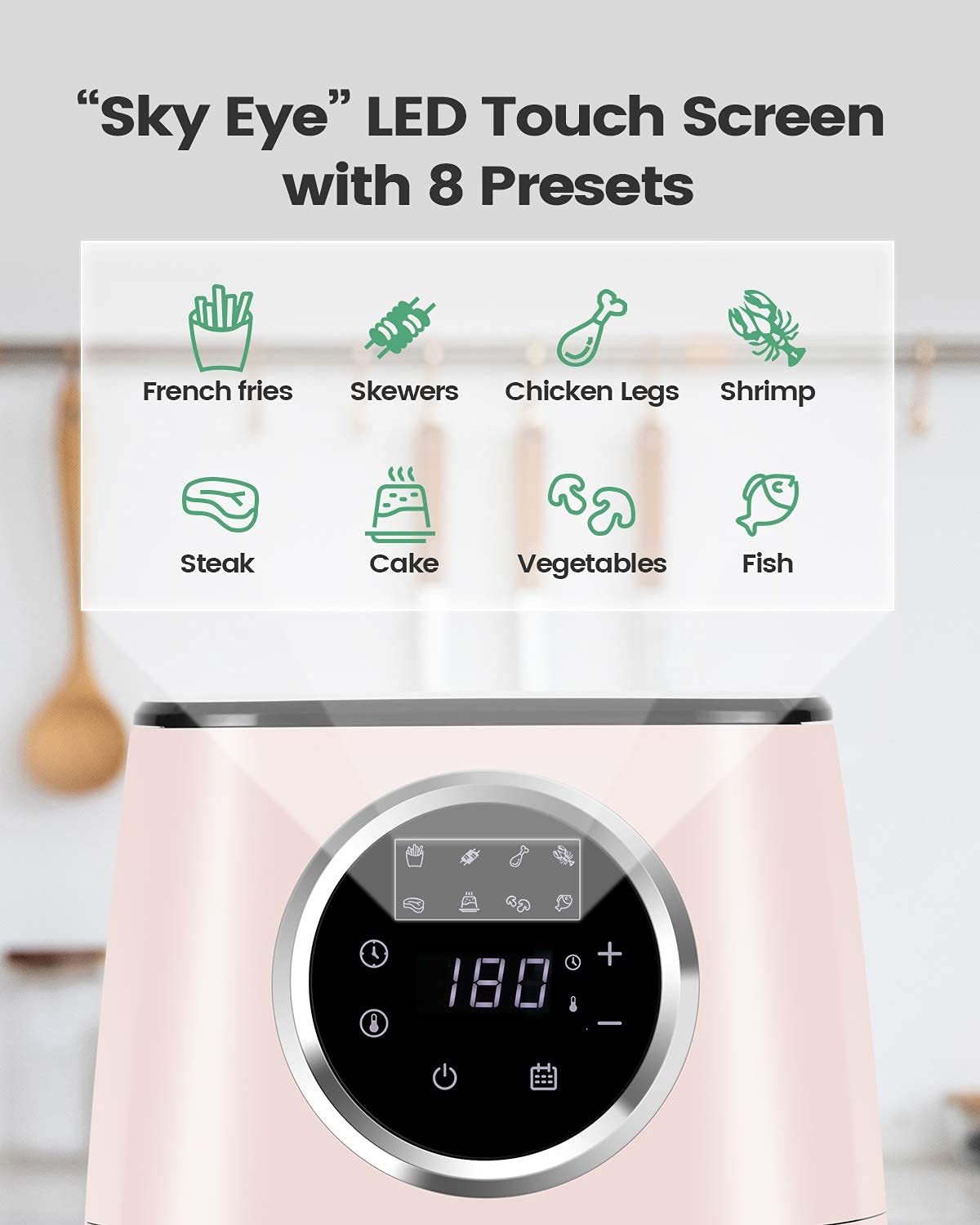 KOOC 4.5 Quart Large Air Fryer Oven - 8-in-1 Electric Hot Air Cooker with LED Digital Touch Screen, Adjustable Temperature & Time, Nonstick Basket (Pink) | Includes Free Recipe Cheat Sheet | Perfect for Healthy Frying, Baking, Roasting & Reheating Family Meals