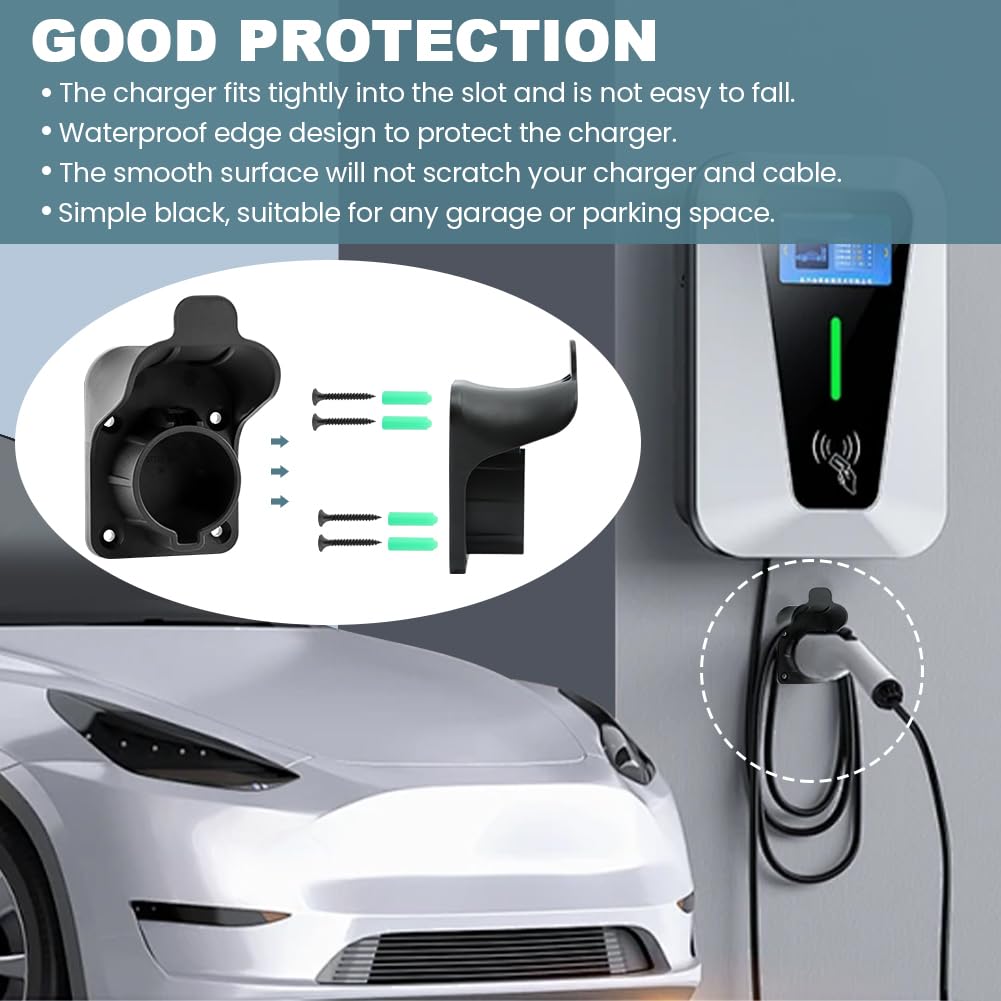 JIANWEI EV Charger Holder Wall Mount - Compatible with SAE J1772 Electric Car Charging Plug, Cable Hanger & Cord Organizer - Indoor/Outdoor Electric Vehicle Charger Nozzle Holster Dock (Black) - Perfect for Home Garage, Parking Lot & Public Charging Stations