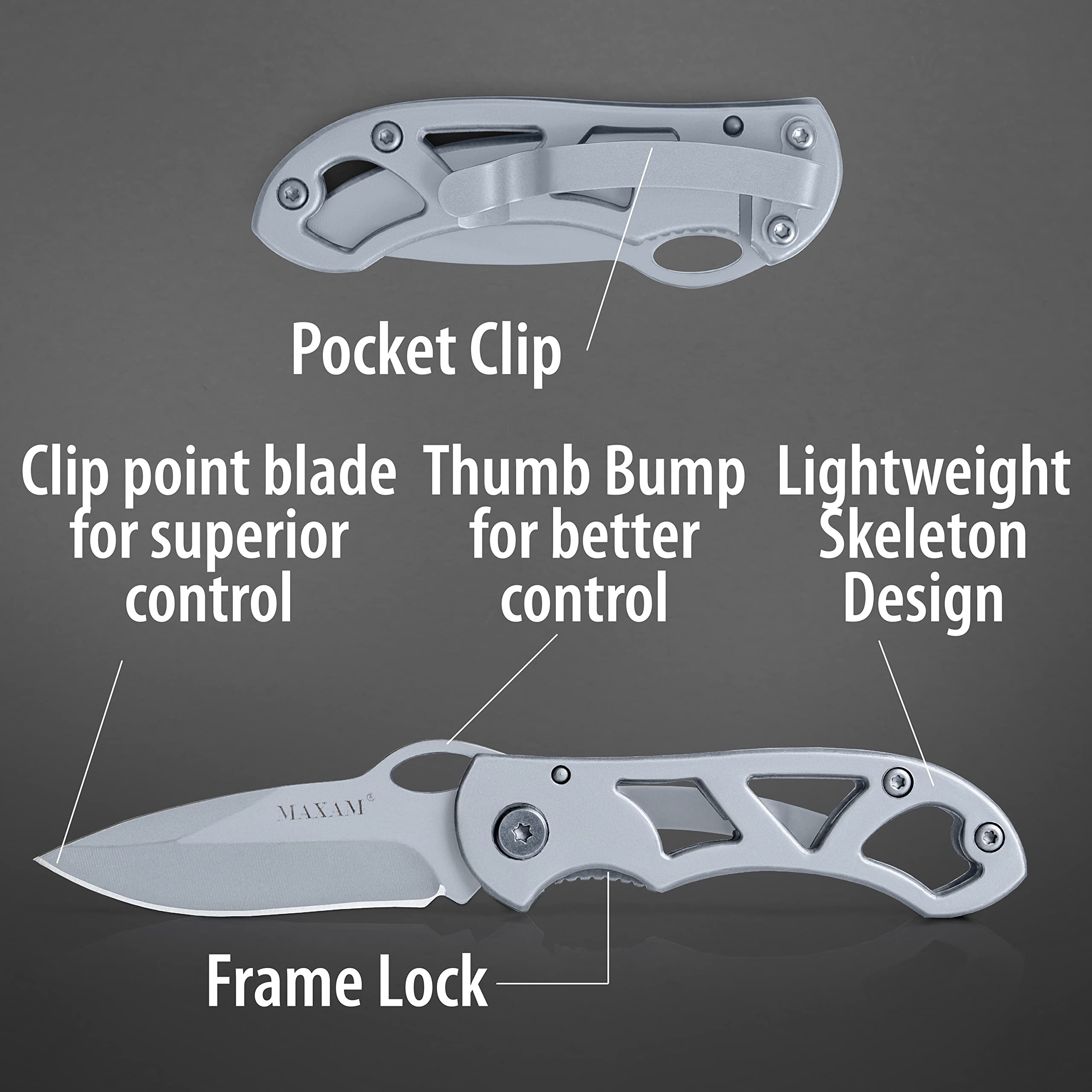 Maxam Folding Pocket Knife - Stainless Steel Blade & Handle with Secure Frame Lock - Compact Tactical EDC Knife with Clip for Camping, Hiking & Everyday Carry