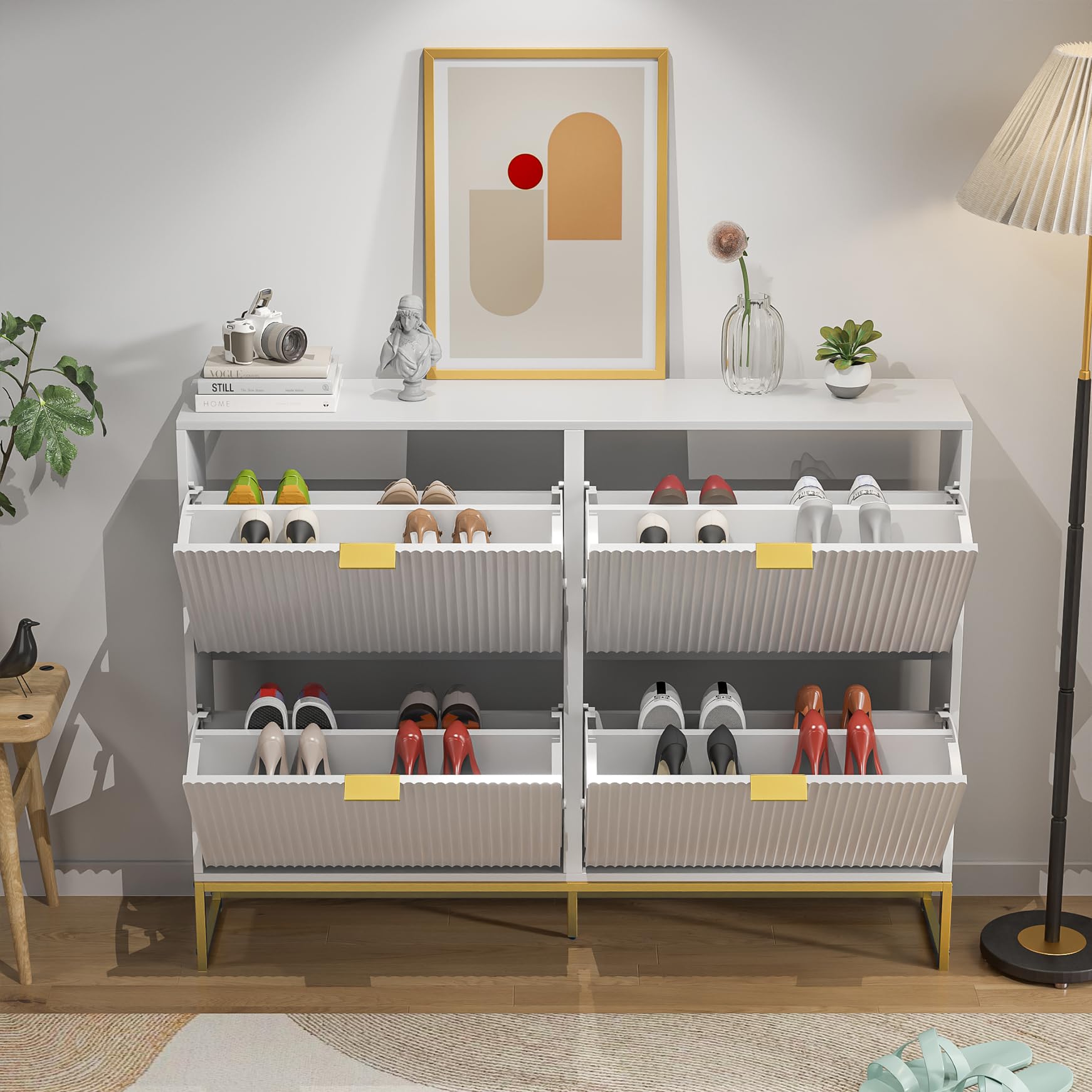 Modern Slim Shoe Cabinet Storage with 4 Flip Drawers - Freestanding Narrow Wooden Shoe Rack Organizer for Entryway & Living Room - Space-Saving Fluted Design (White) - Perfect for Small Apartments, Hallways & Closet Organization