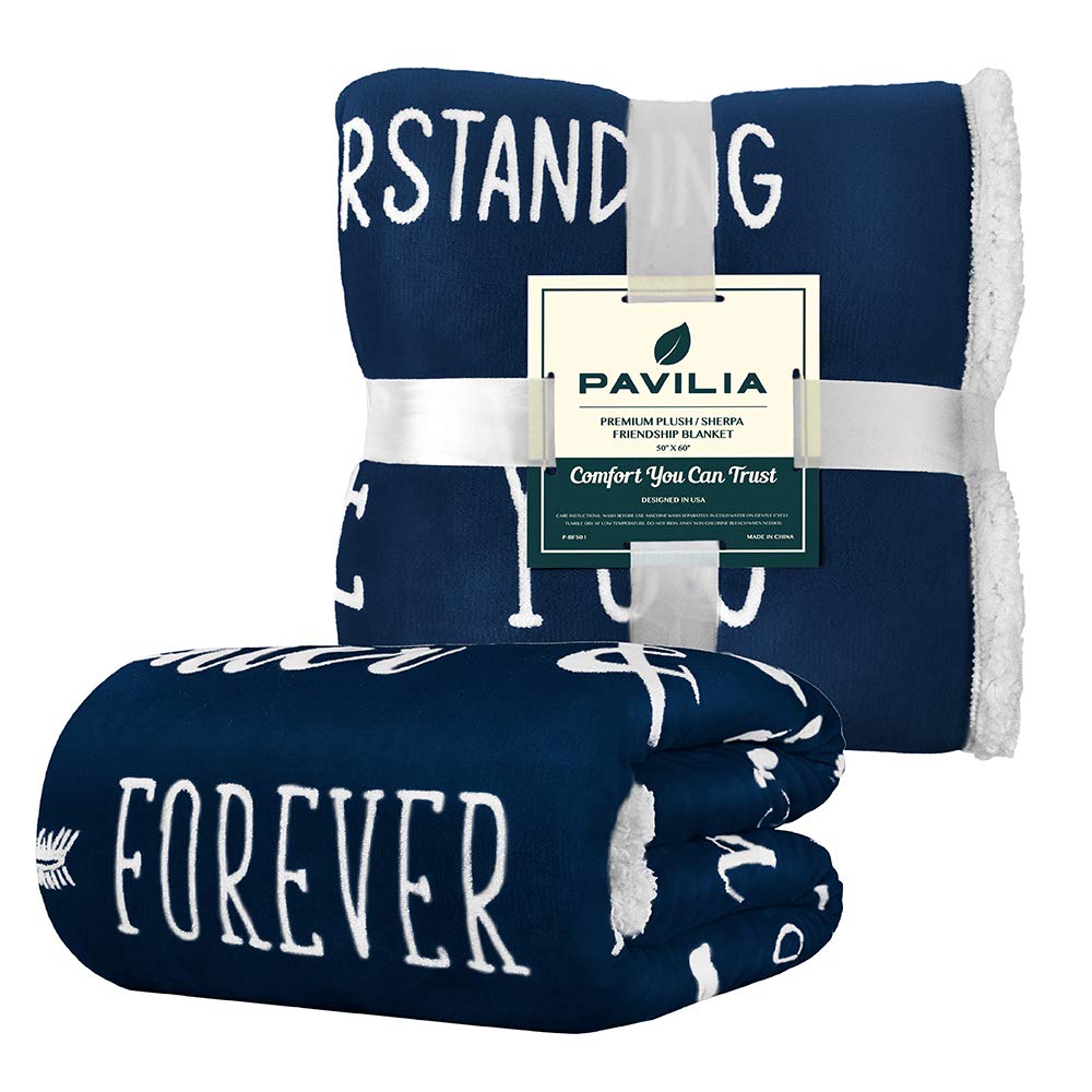 PAVILIA Best Friend Blanket - Soft Cozy Sherpa Throw Blanket with Inspirational Quotes | Thoughtful Friendship Gift for Women, Birthday Present for Bestie or Soul Sister | Perfect for Long Distance Friends, Movie Nights & Cozy Home Decor (Navy Blue)