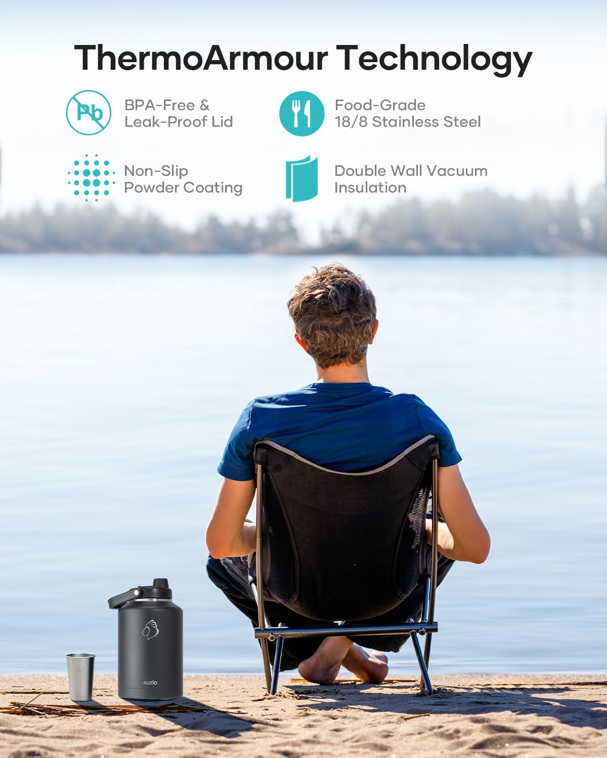 BUZIO 1.5 Gallon (192 oz) Stainless Steel Insulated Water Bottle - Double Wall Vacuum Leak Proof Flask with 2 Cups - Keeps Cold 48 Hours - Large Metal Canteen for Camping, Hiking, Gym, Office & Outdoor Activities