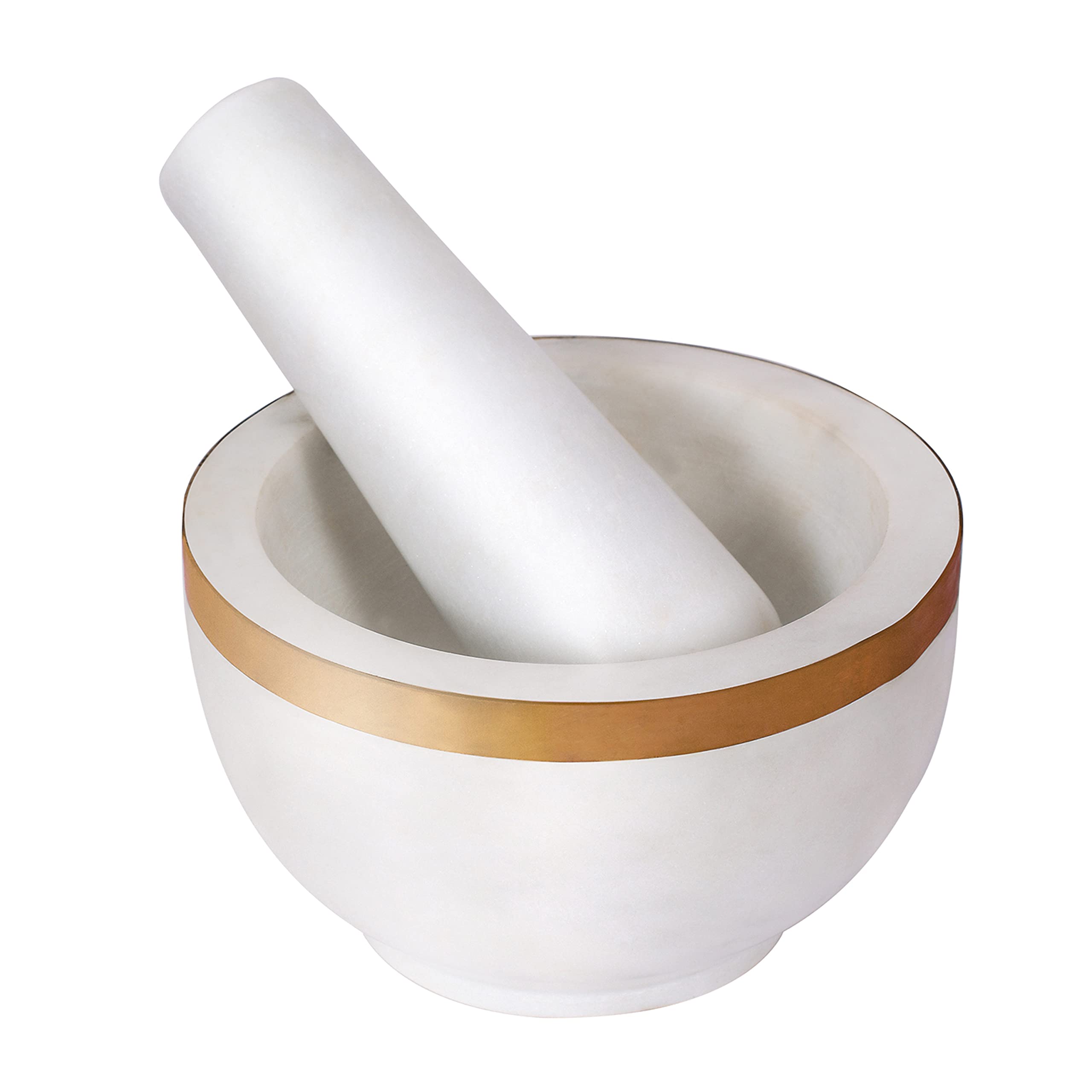 Premium Marble Mortar and Pestle Set with Brass Top - Heavy Duty Natural Stone Grinder for Spices, Herbs, Seasonings, Pastes & More - Perfect for Kitchen, Cooking, Ayurveda & Herbal Medicine Preparation