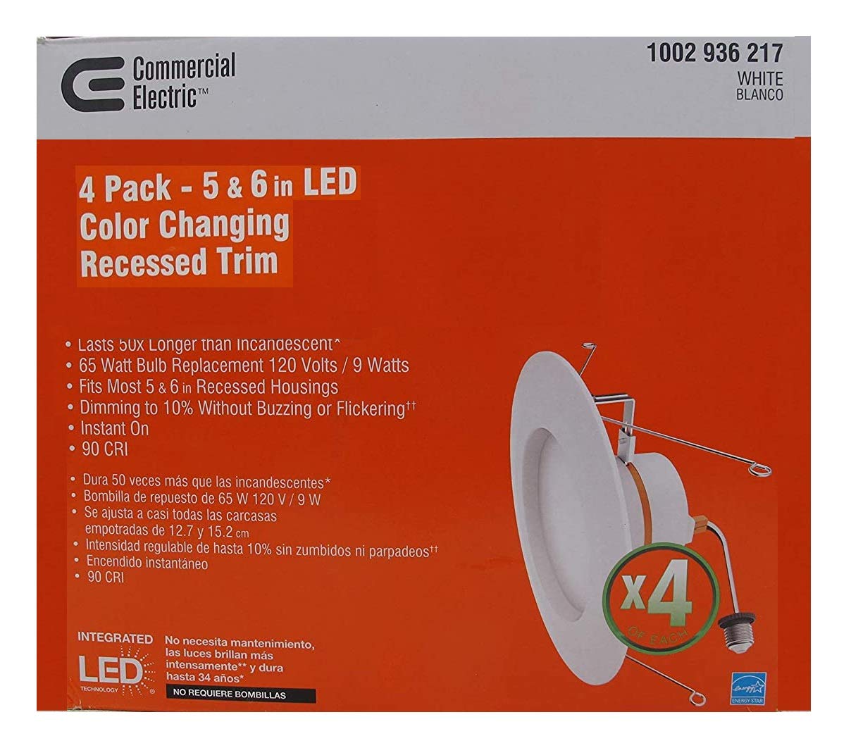 Commercial Electric 5/6 Inch White Integrated LED Energy Star Color Changing Recessed Trim Downlight - 8 Pack - Dimmable Ceiling Lighting for Kitchen, Bathroom, Living Room & Bedroom