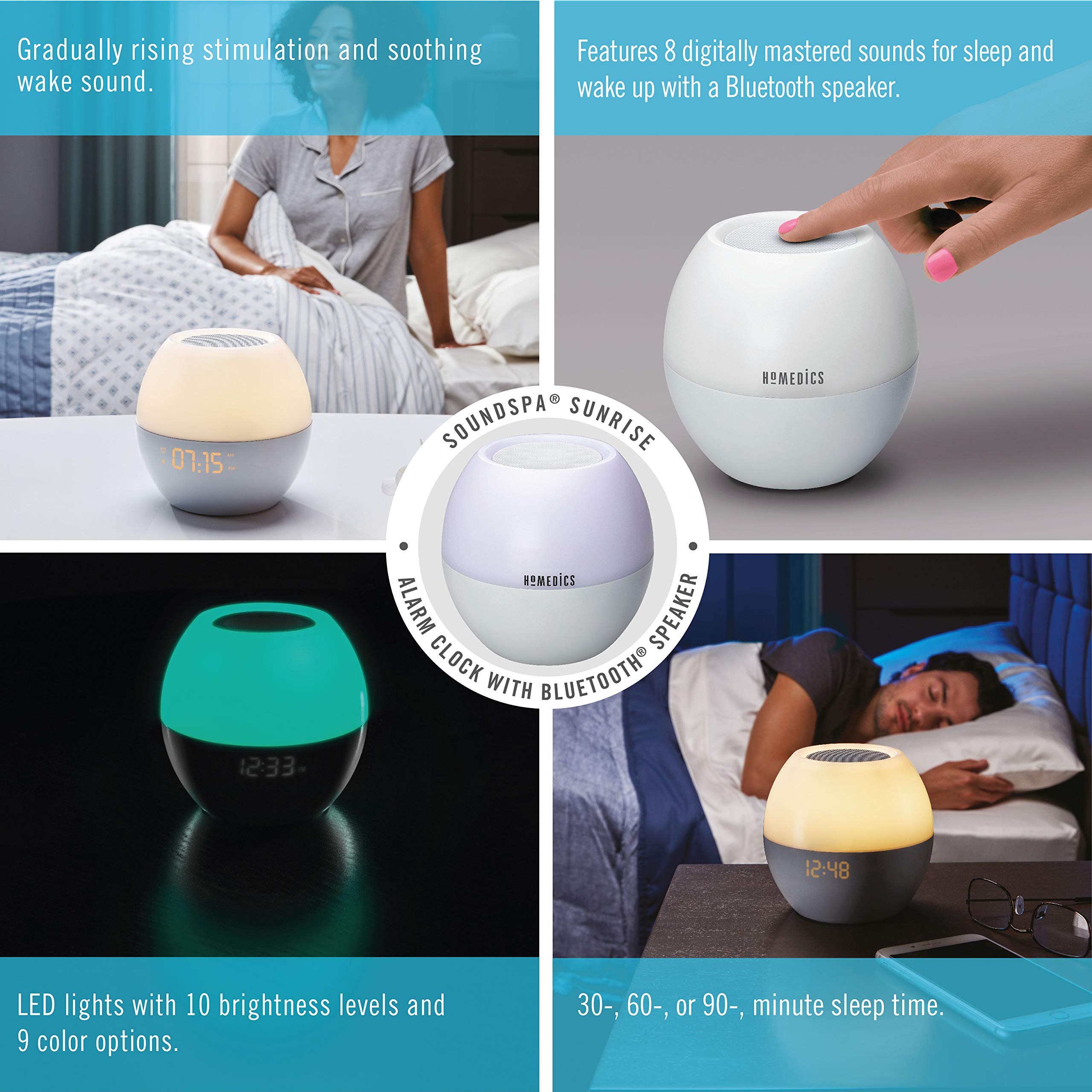 Homedics White Noise Machine for Adults & Babies - Bluetooth Sound Machine with Sunrise Alarm, 7-Color Night Light & Auto-Off Timer | Perfect for Nursery, Office, Meditation & Sleep Therapy