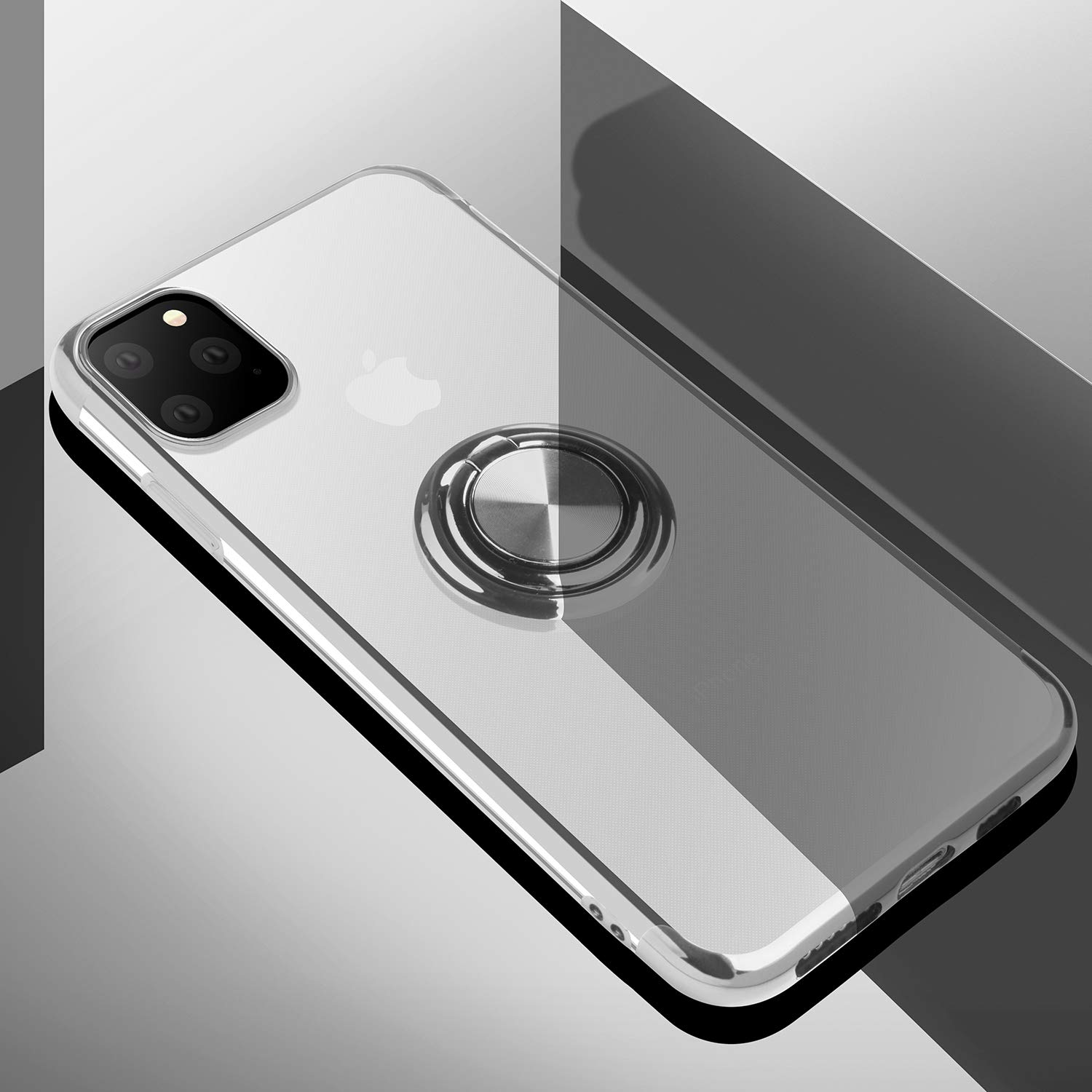 Ultra Slim Clear Crystal TPU Case for iPhone 11 Pro Max with 360° Rotatable Ring Kickstand & Electroplated Frame - Silver | Protective Phone Cover for Daily Use, Travel, and Hands-Free Viewing