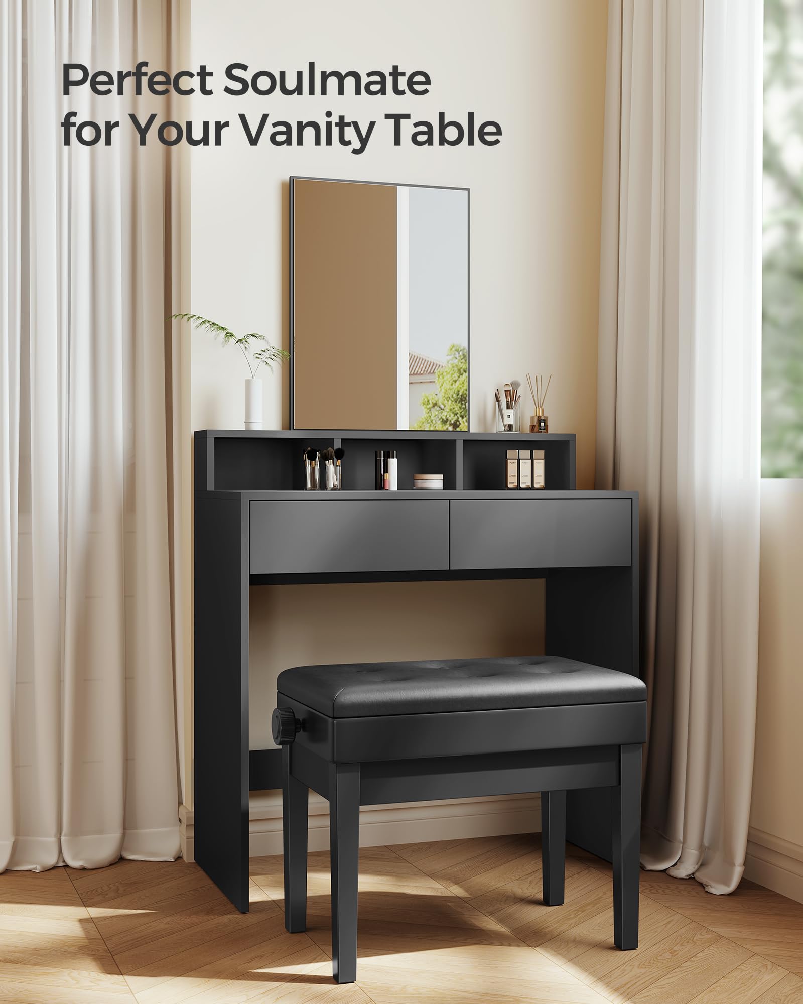 SONGMICS Adjustable Wooden Piano Bench Stool with Sheet Music Storage - Black ULPB57H | Comfortable Piano Seat for Home, Studio & Practice | Perfect for Pianists, Keyboard Players & Music Lovers