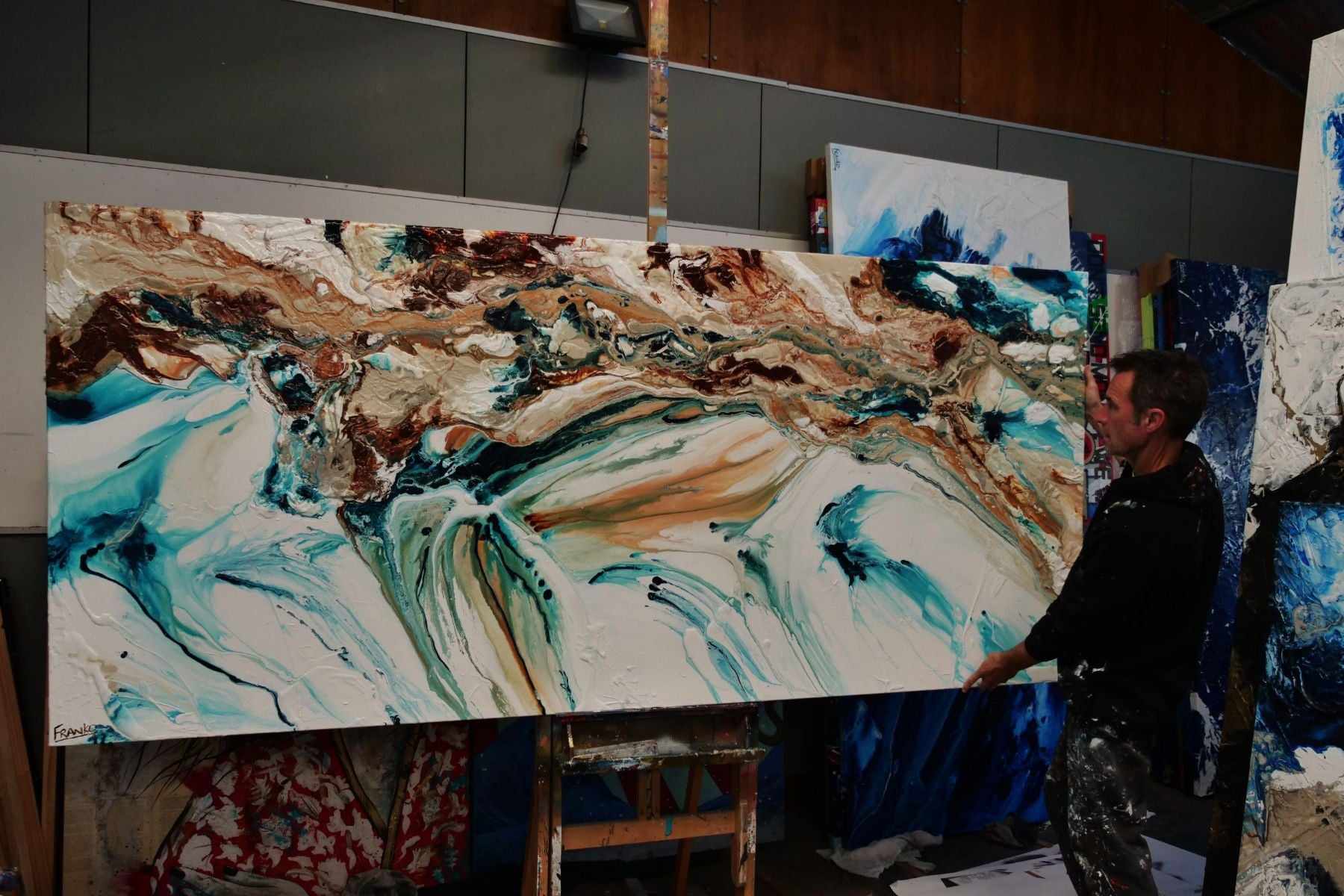 Coastal Rapture 106x47 Inch Teal Oxide White Textured Abstract Canvas Art - Perfect for Living Room, Bedroom or Office Wall Decor