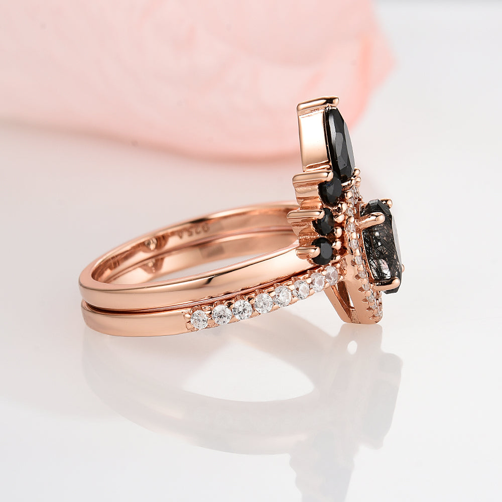 14K Rose Gold Vermeil Amy Rutilated Quartz & Black Diamond (Onyx) Ring Set - Elegant Jewelry for Women, Perfect for Weddings, Anniversaries & Special Occasions