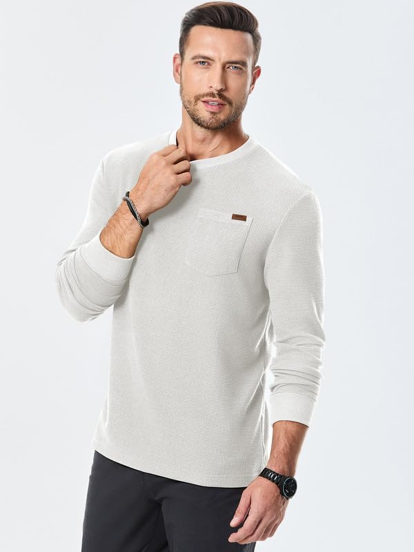 Men's Long Sleeve Crewneck Sweater - Lightweight Honeycomb Waffle Knit Casual Shirt with Pocket | Solid Color Pullover for Fall & Winter Layering | Office, Date Night & Weekend Outfits
