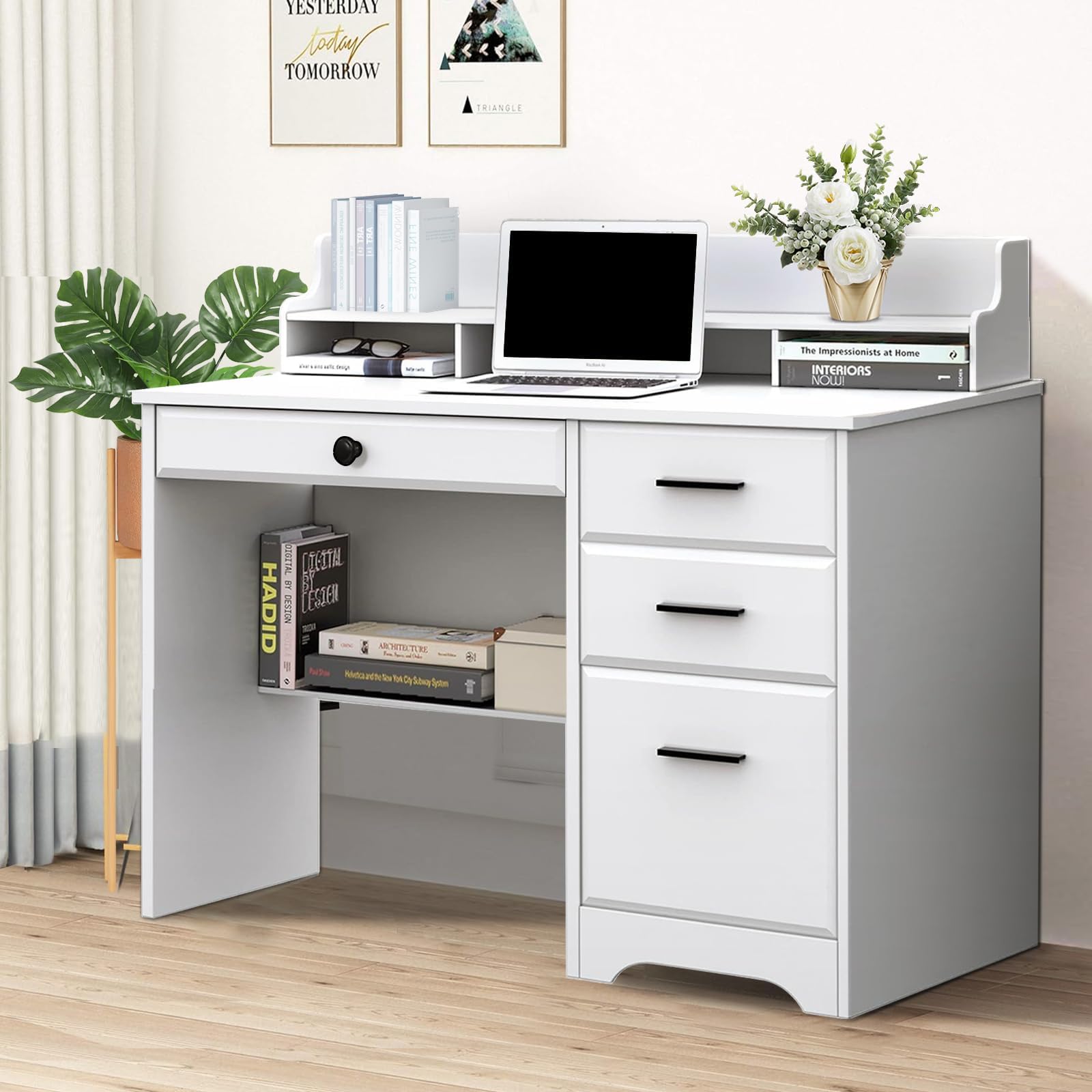 44 Inch White Computer Desk with Storage Drawers & Hutch - Home Office Desk with 4 Drawers, Monitor Stand & Writing Table for Small Spaces - Perfect for Bedroom Study, Gaming & Work from Home Setup