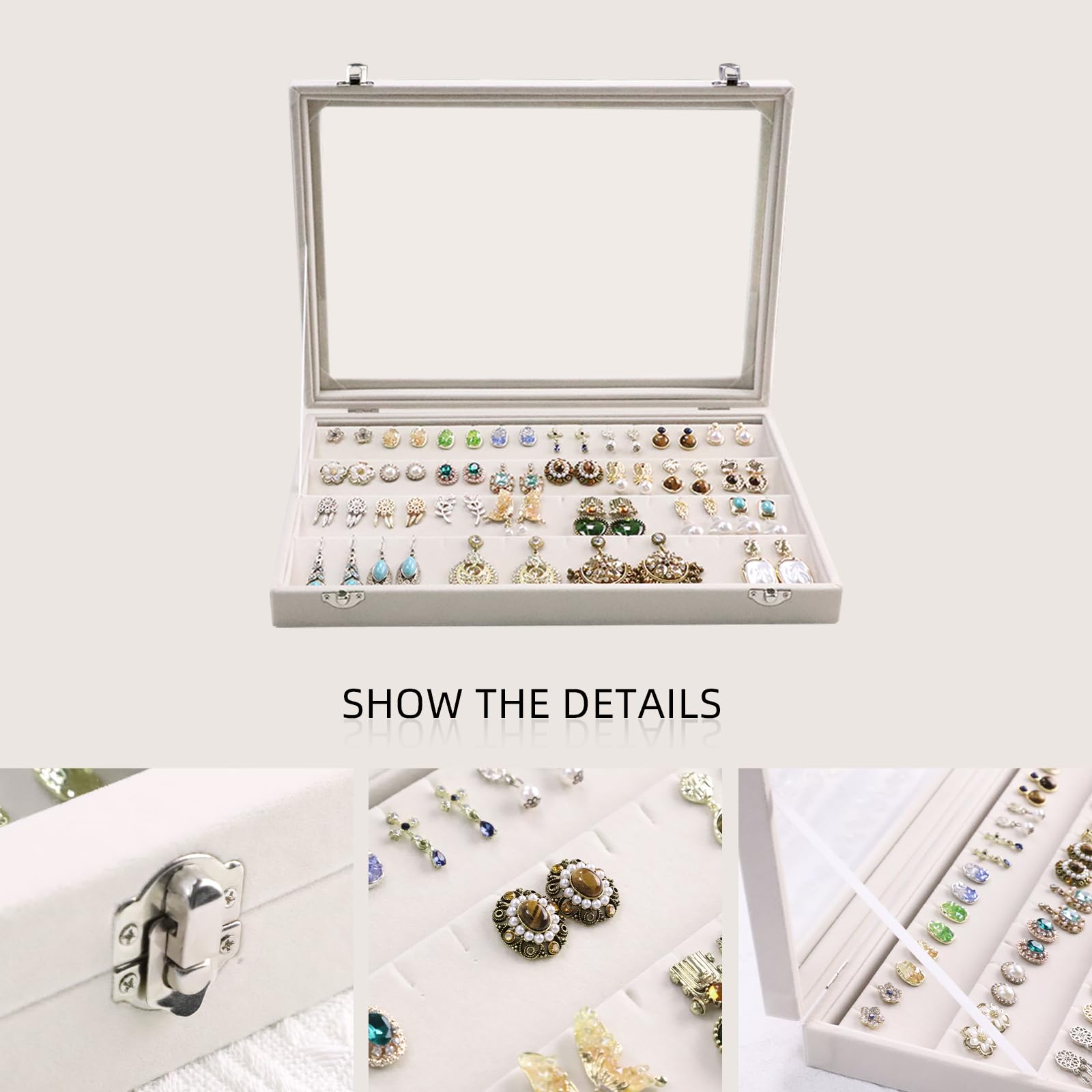 Wudygirl Velvet Earring Organizer with Clear Lid - 64 Slot Jewelry Storage Box with Lock, Beige Jewelry Tray for Earrings, Necklaces & Rings - Perfect for Travel, Home Decor and Gift Giving