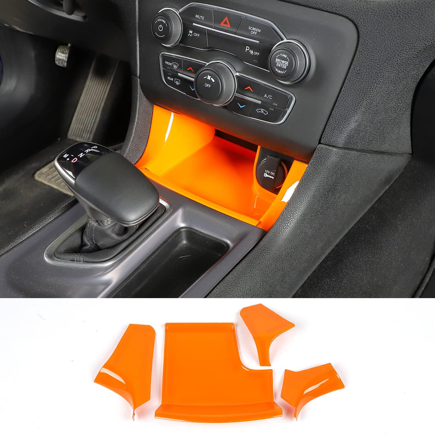2011-2019 Dodge Charger Center Console Gear Shift Storage Trim Panel - ABS Orange 4pcs - Interior Car Accessories for Enhanced Storage & Style - Perfect for Road Trips & Daily Commutes