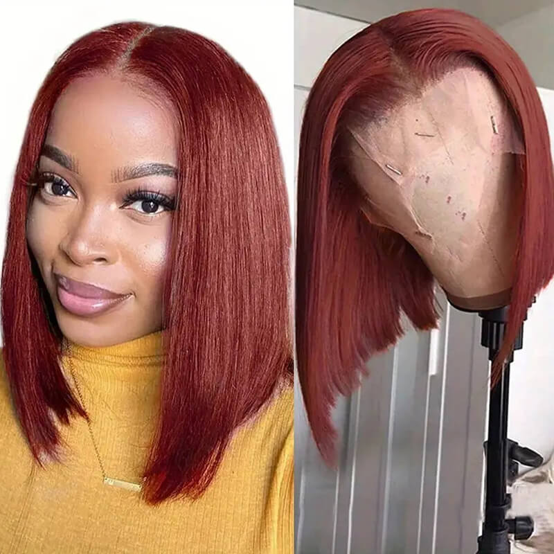 Eullair Short Bob Wigs 13x4 Lace Front Human Hair Wig - Pre-Colored Burgundy Highlight Straight Hairpiece for Women | Perfect for Daily Wear, Cosplay & Special Occasions